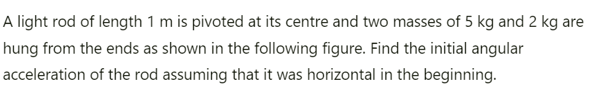 A light rod of length 1 m is pivoted at its centre and two masses of 5