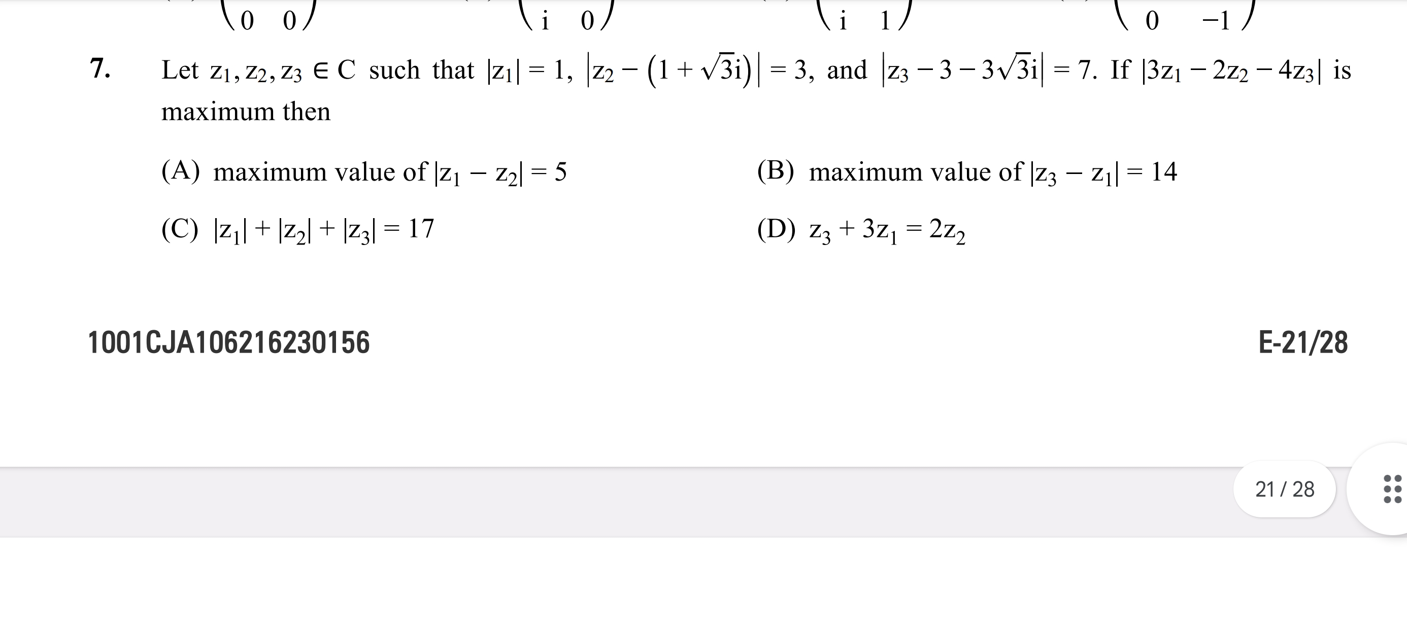 Let z1​,z2​,z3​∈C such that ∣z1​∣=1,∣∣​z2​−(1+3​i)∣∣​=3, and ∣∣​z3​−3−