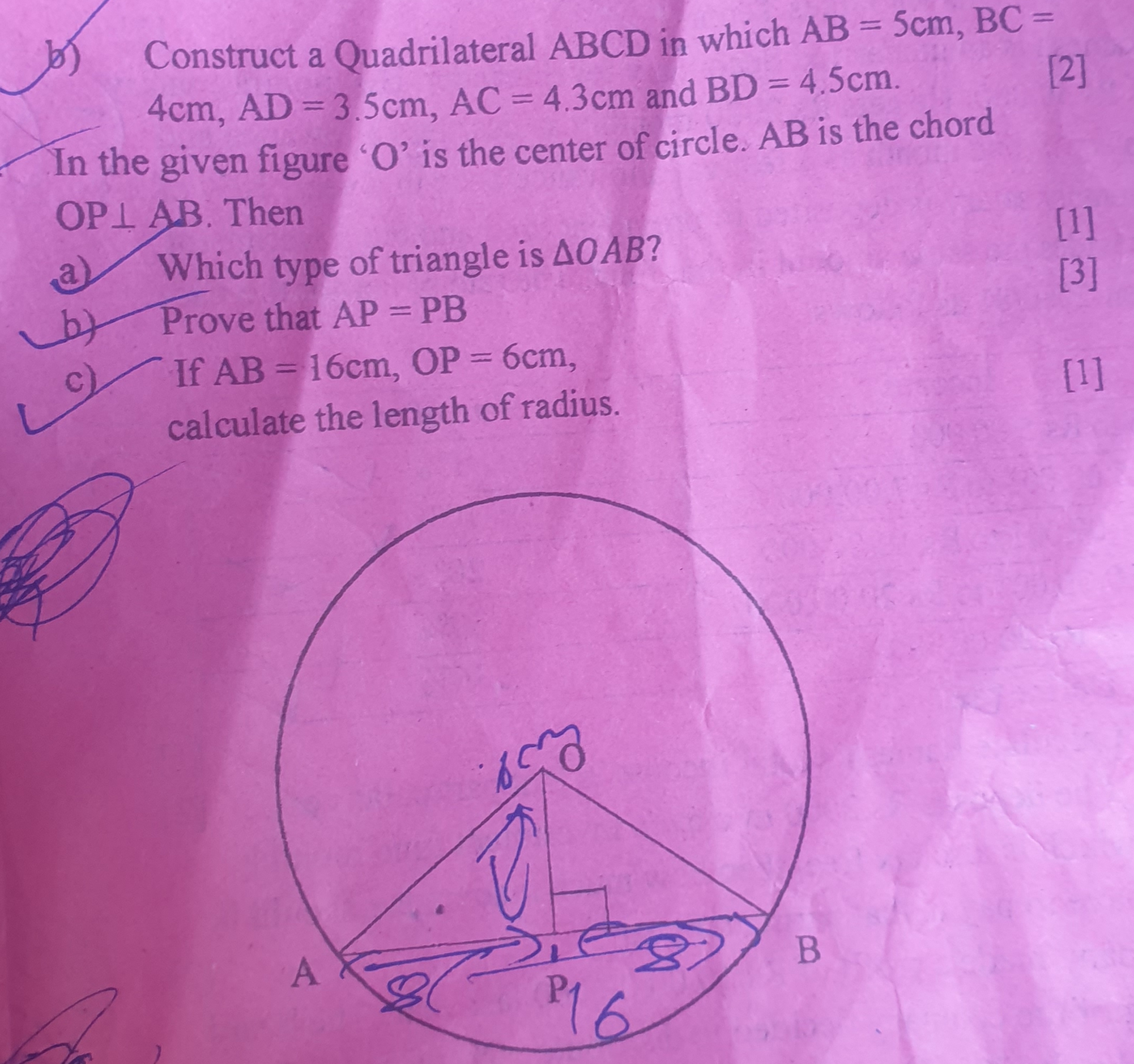 b) Construct a Quadrilateral ABCD in which AB=5 cm,BC= 4 cm,AD=3.5 cm,