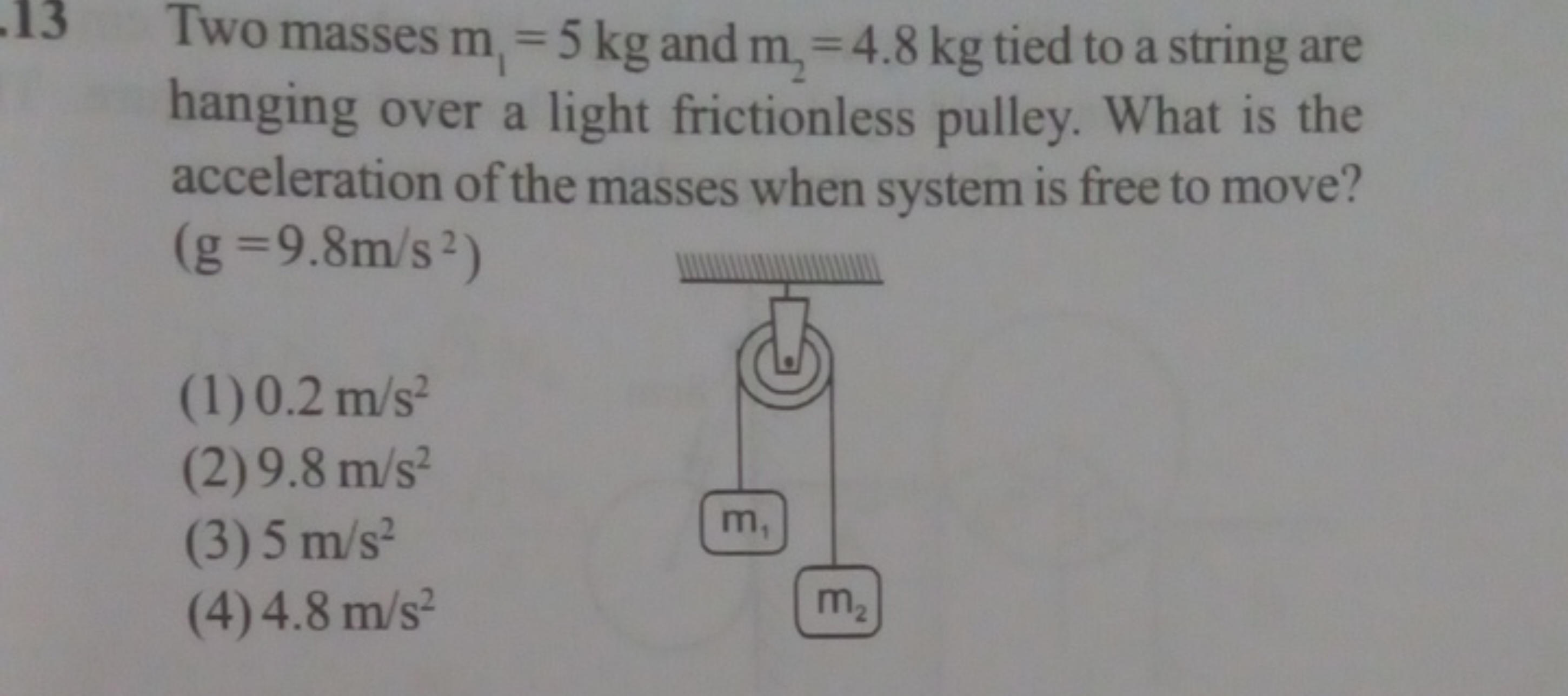 Two masses m1​=5 kg and m2​=4.8 kg tied to a string are hanging over a