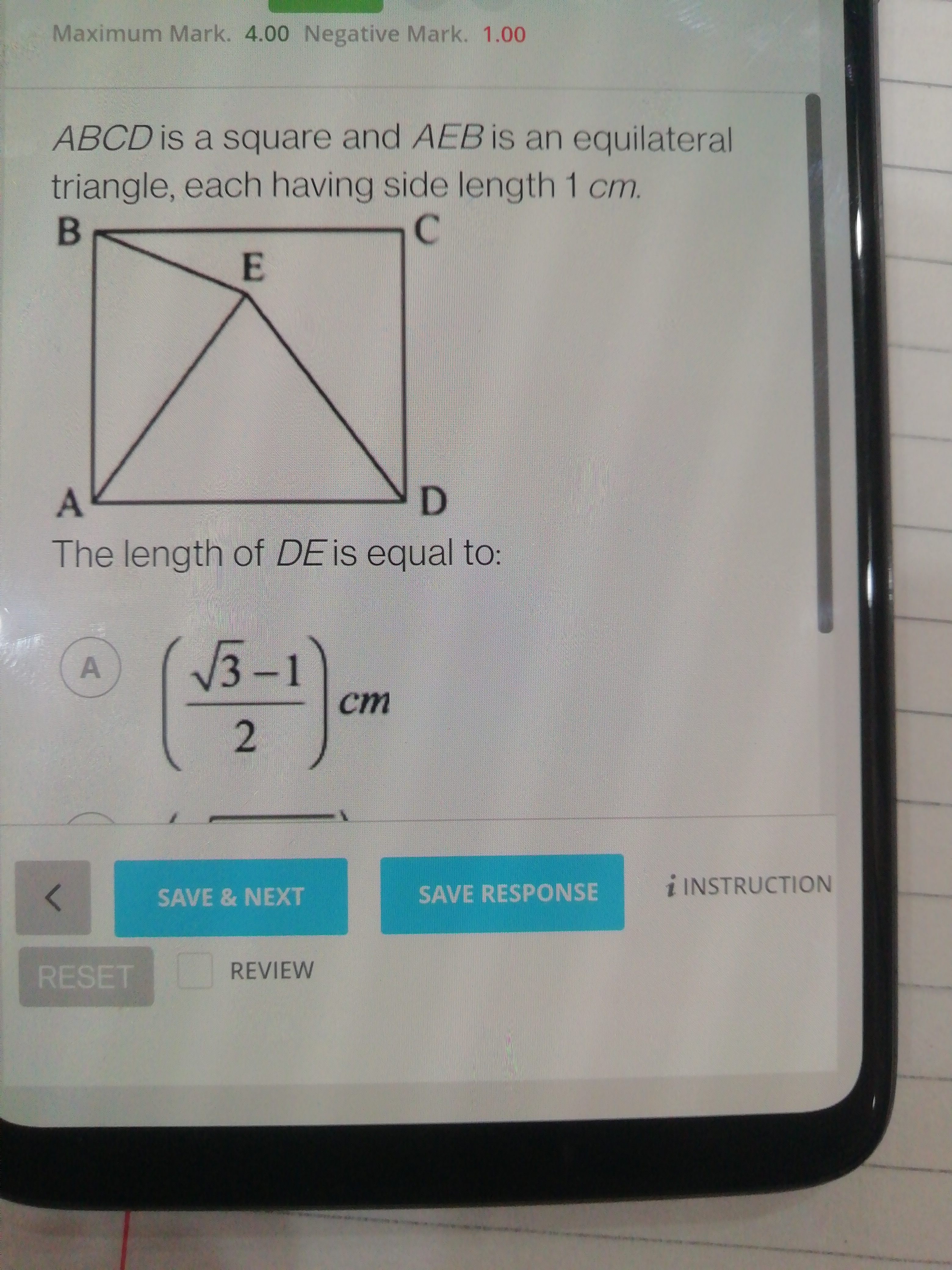 Maximum Mark. 4.00 Negative Mark. 1.00
ABCD is a square and AEB is an 