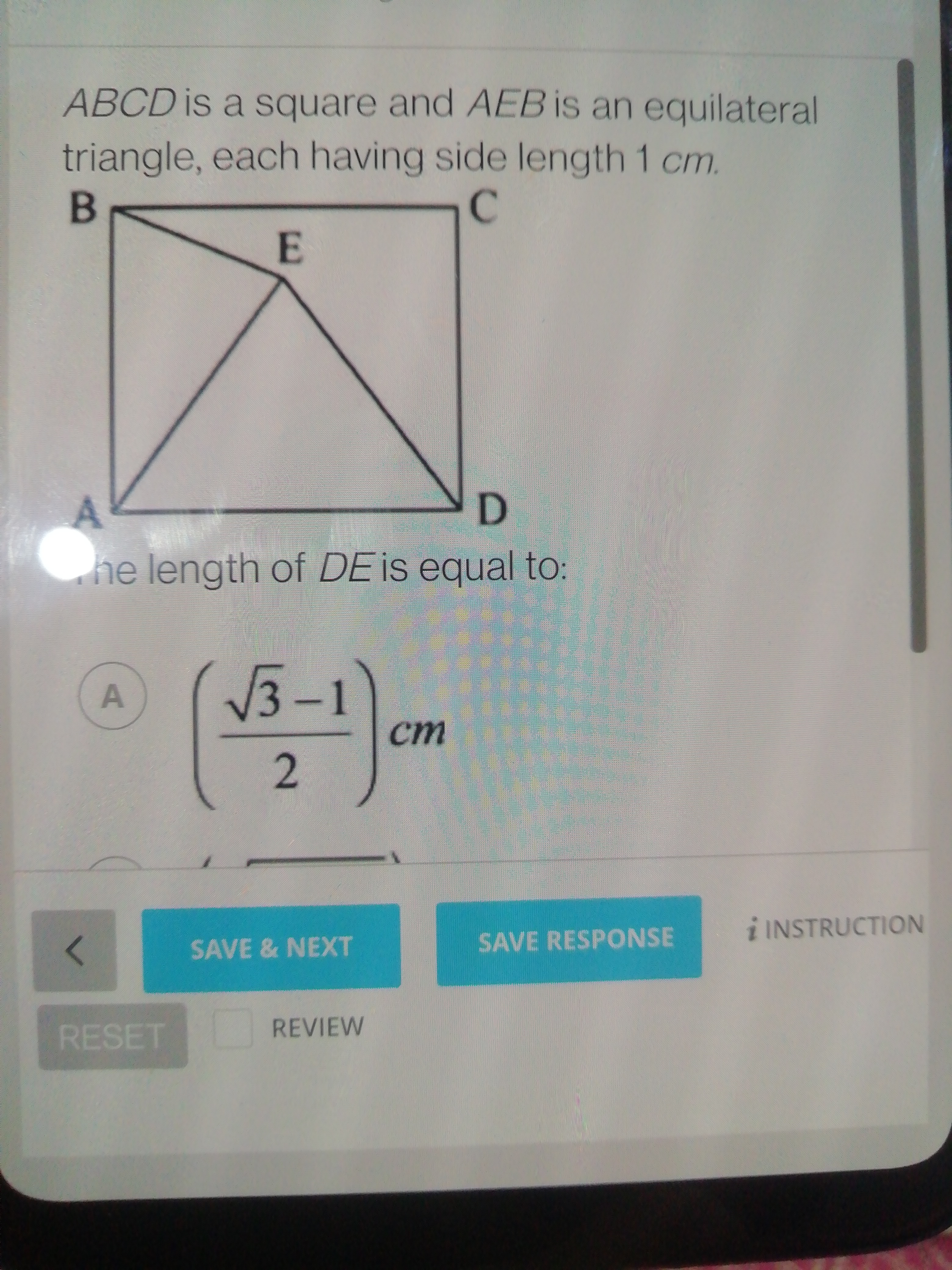 ABCD is a square and AEB is an equilateral triangle, each having side 