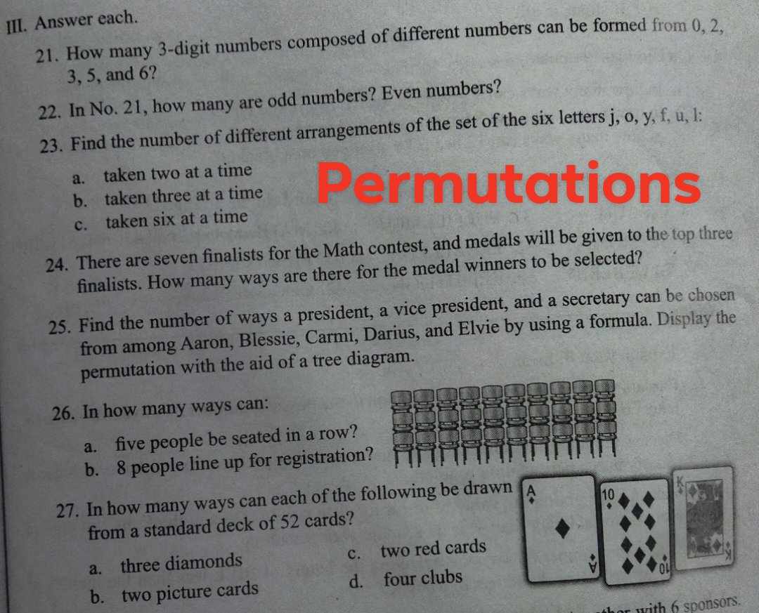 Answer each. 21. How many 3-digit numbers composed of different number