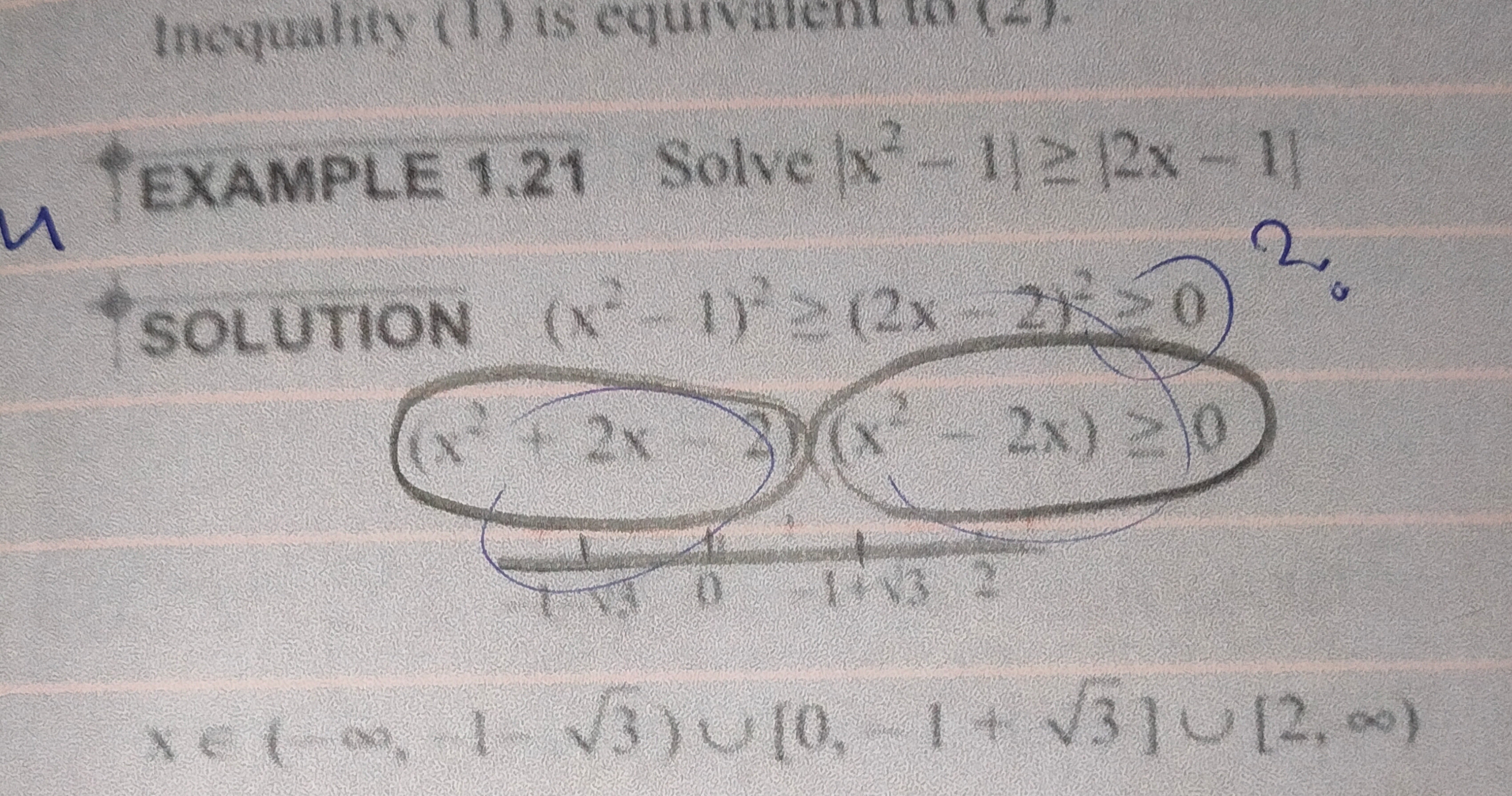 EXAMPLE 1.21 Solve ∣∣​x2−1∣∣​≥∣2x−1} SOLUTION (x2−1)2≥(2x−2)2≥0)2
\[
x