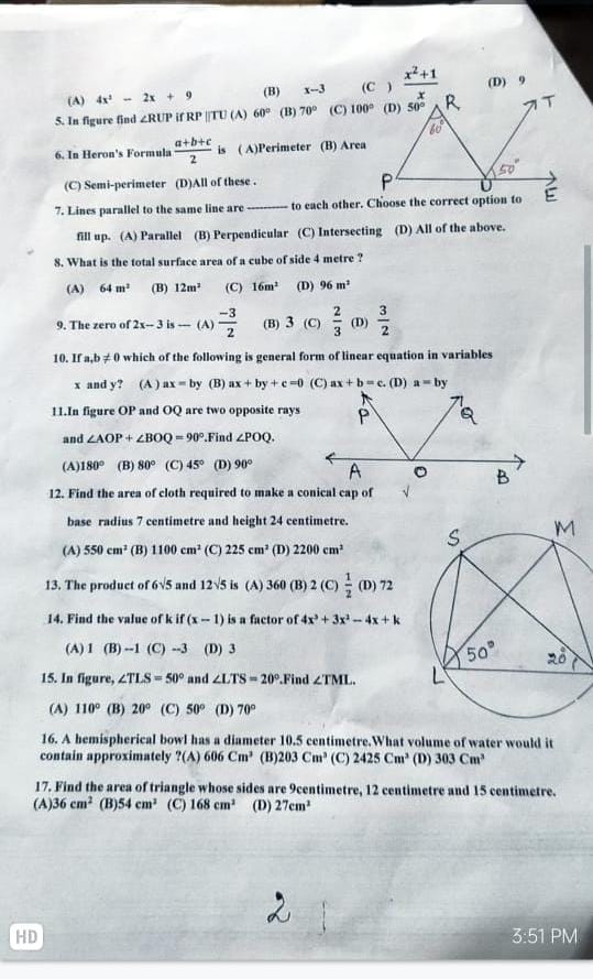 (D )All of these . 7. Lines parallel to the same line are  to each oth