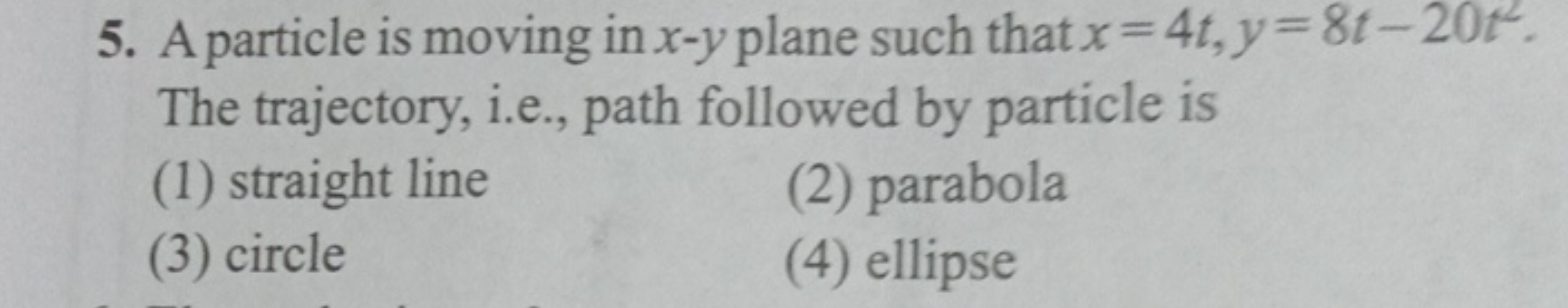 5. A particle is moving in x-y plane such that x=4t, y=81-2012.
The tr