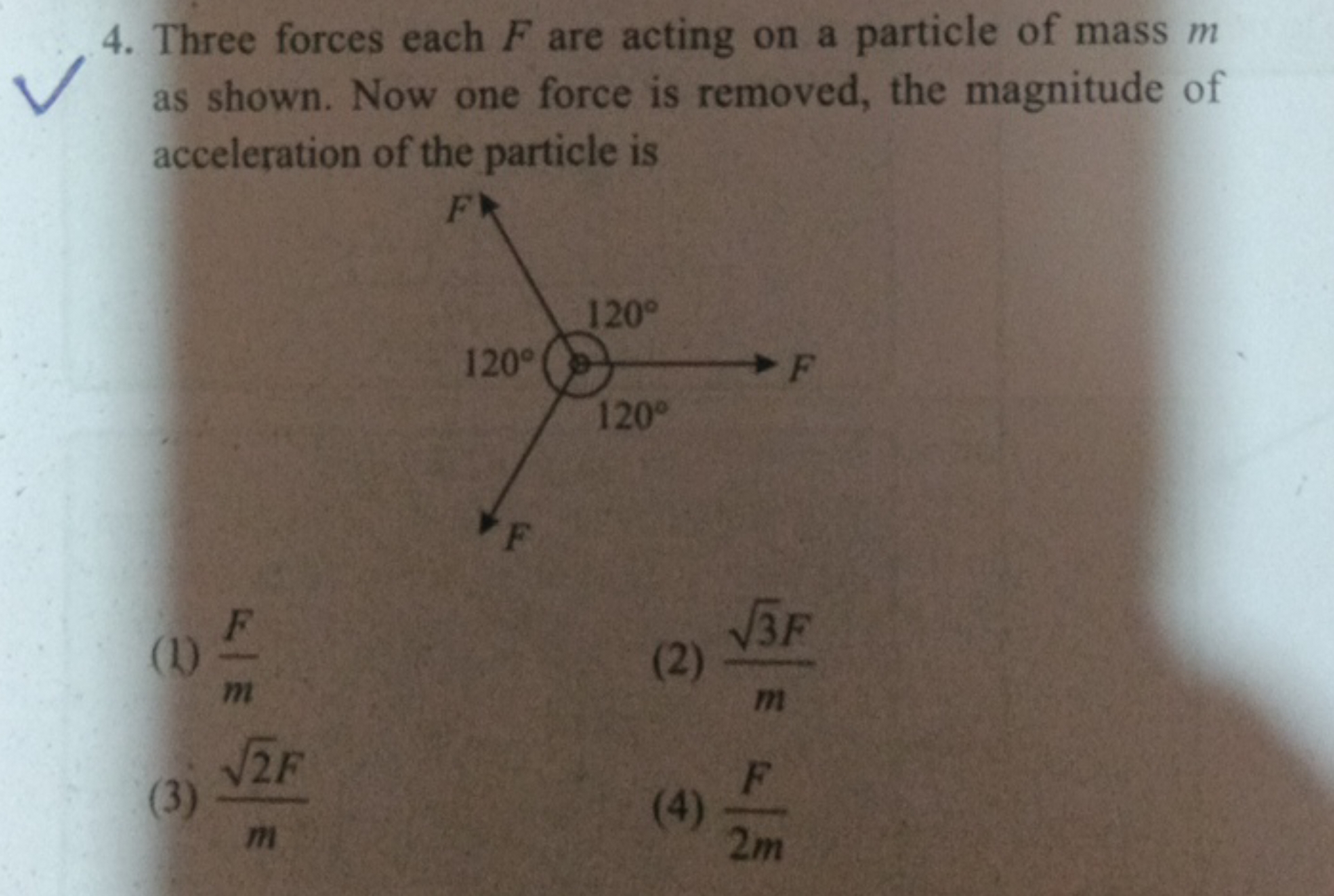 4. Three forces each F are acting on a particle of mass m as shown. No