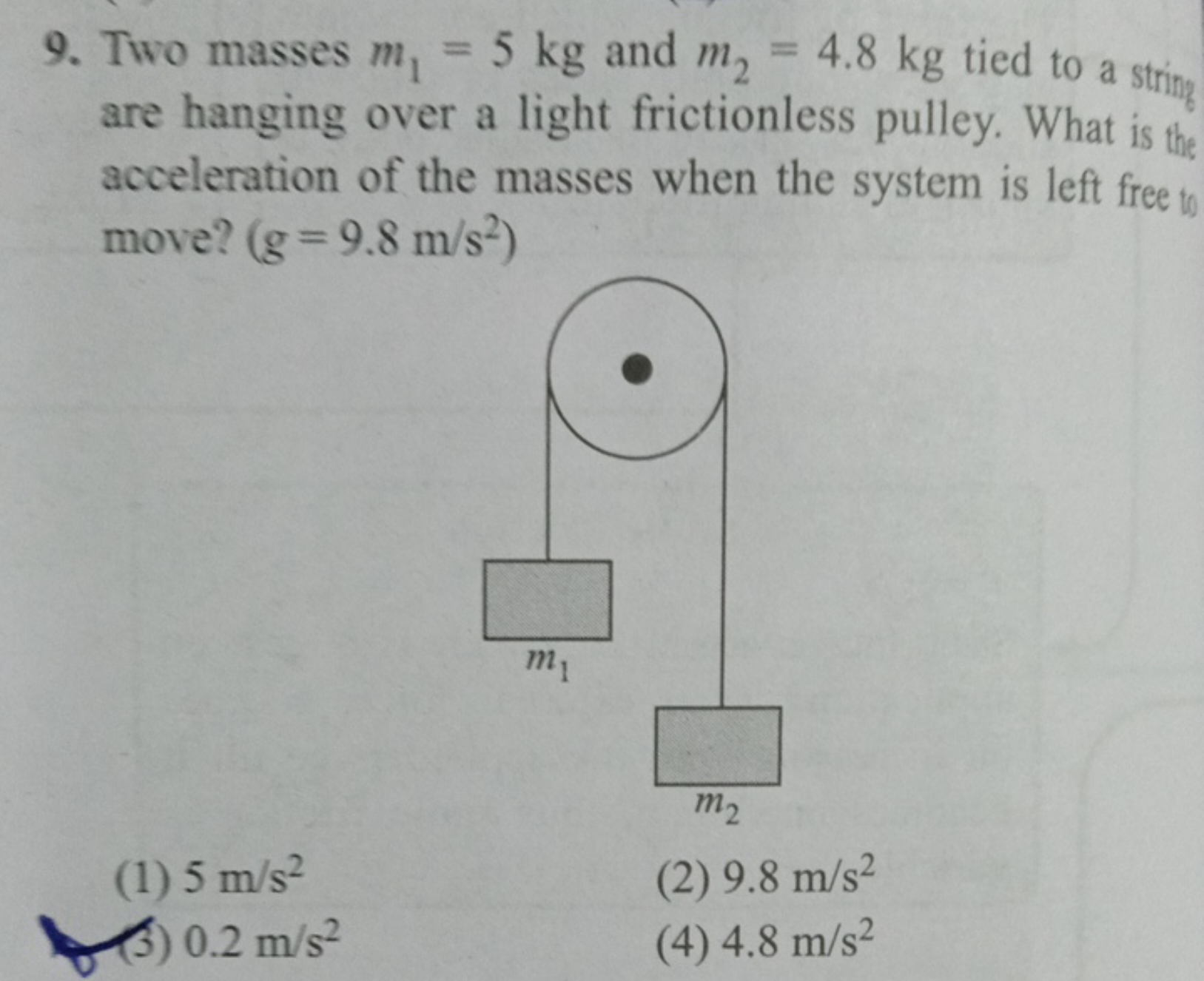 9. Two masses m1​=5 kg and m2​=4.8 kg tied to a string are hanging ove