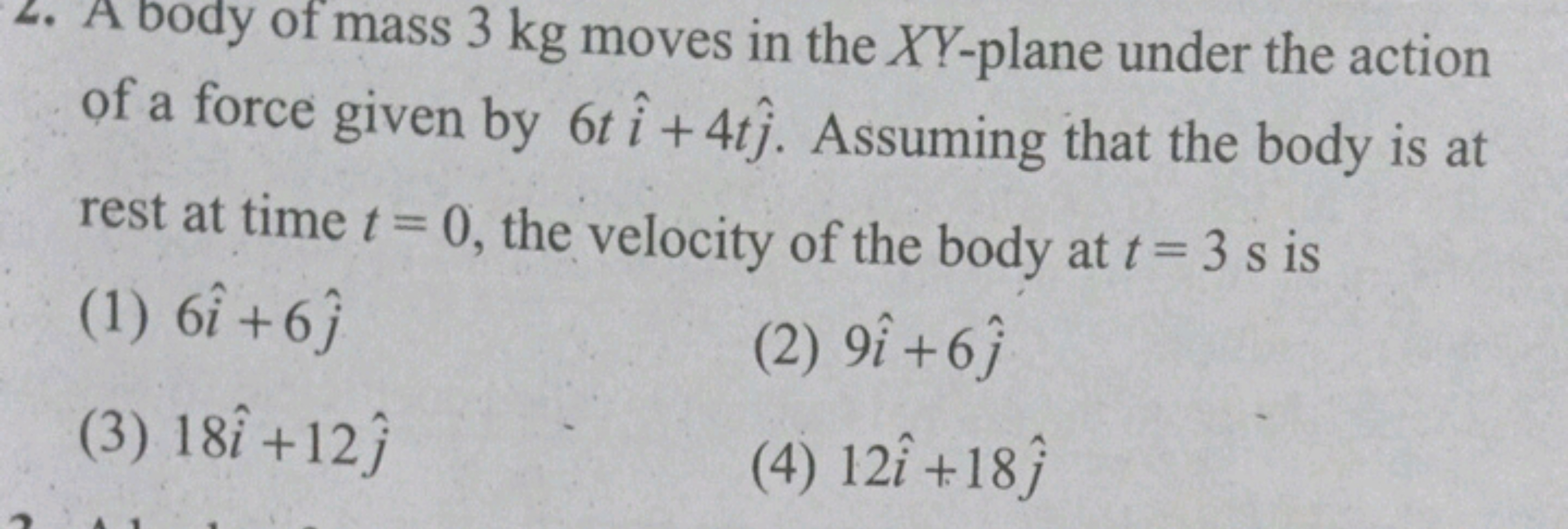 2. A body of mass 3 kg moves in the XY-plane under the action of a for