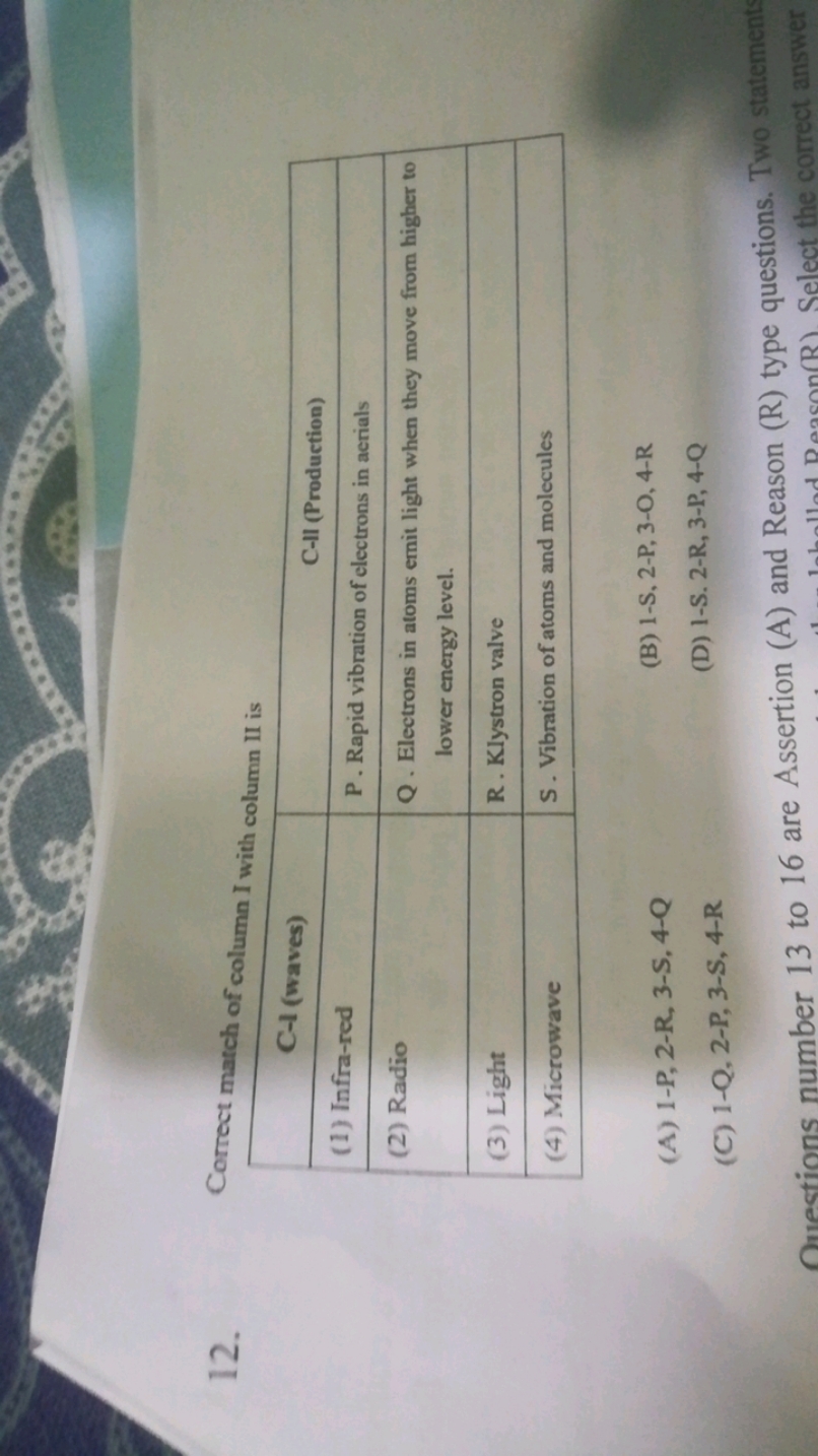 12. Correct match of column I with column II is
\begin{tabular} { | l 