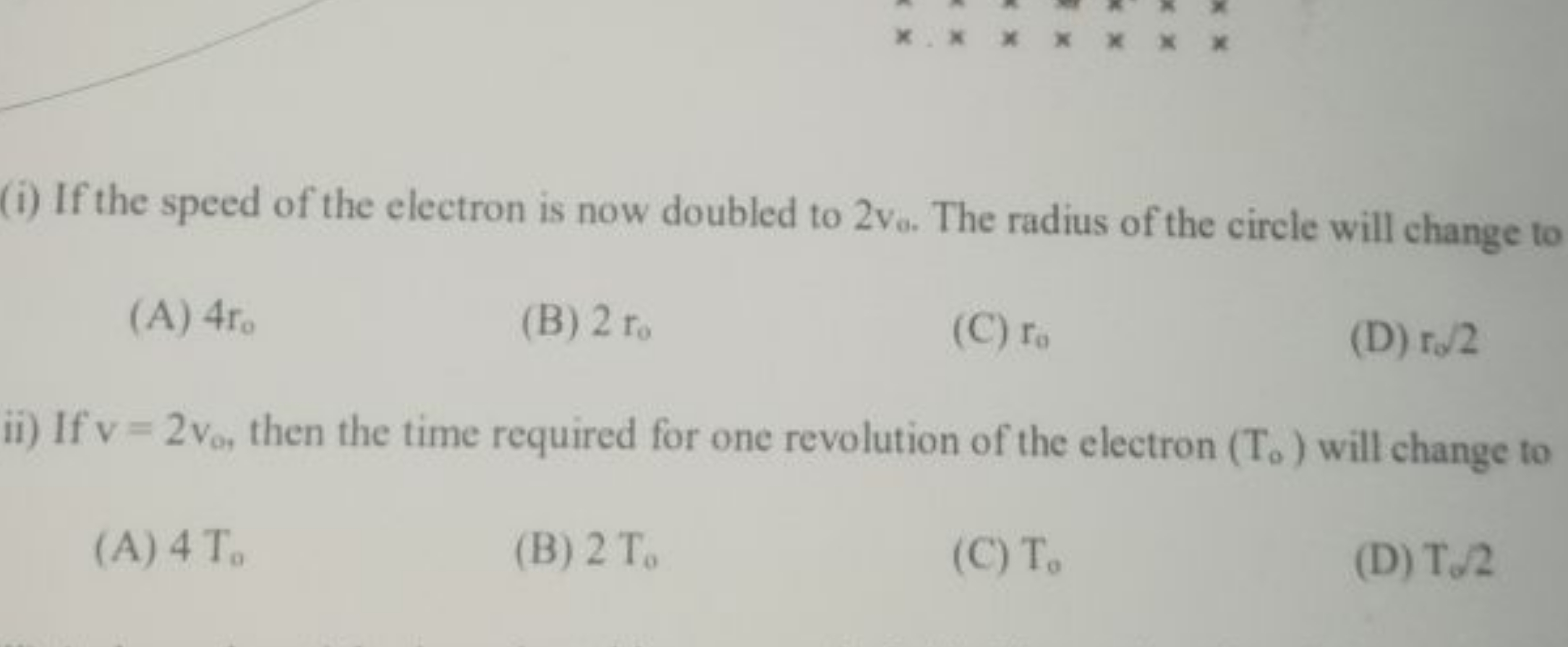 (i) If the speed of the electron is now doubled to 2vo​. The radius of