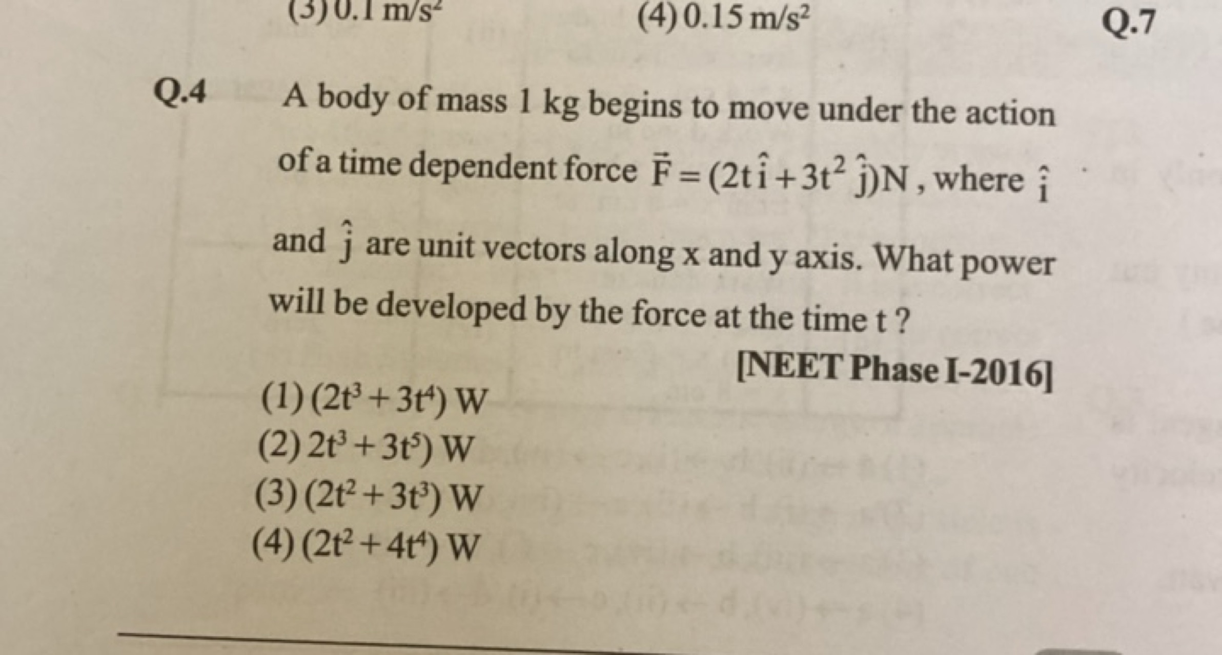 Q. 4 A body of mass 1 kg begins to move under the action of a time dep