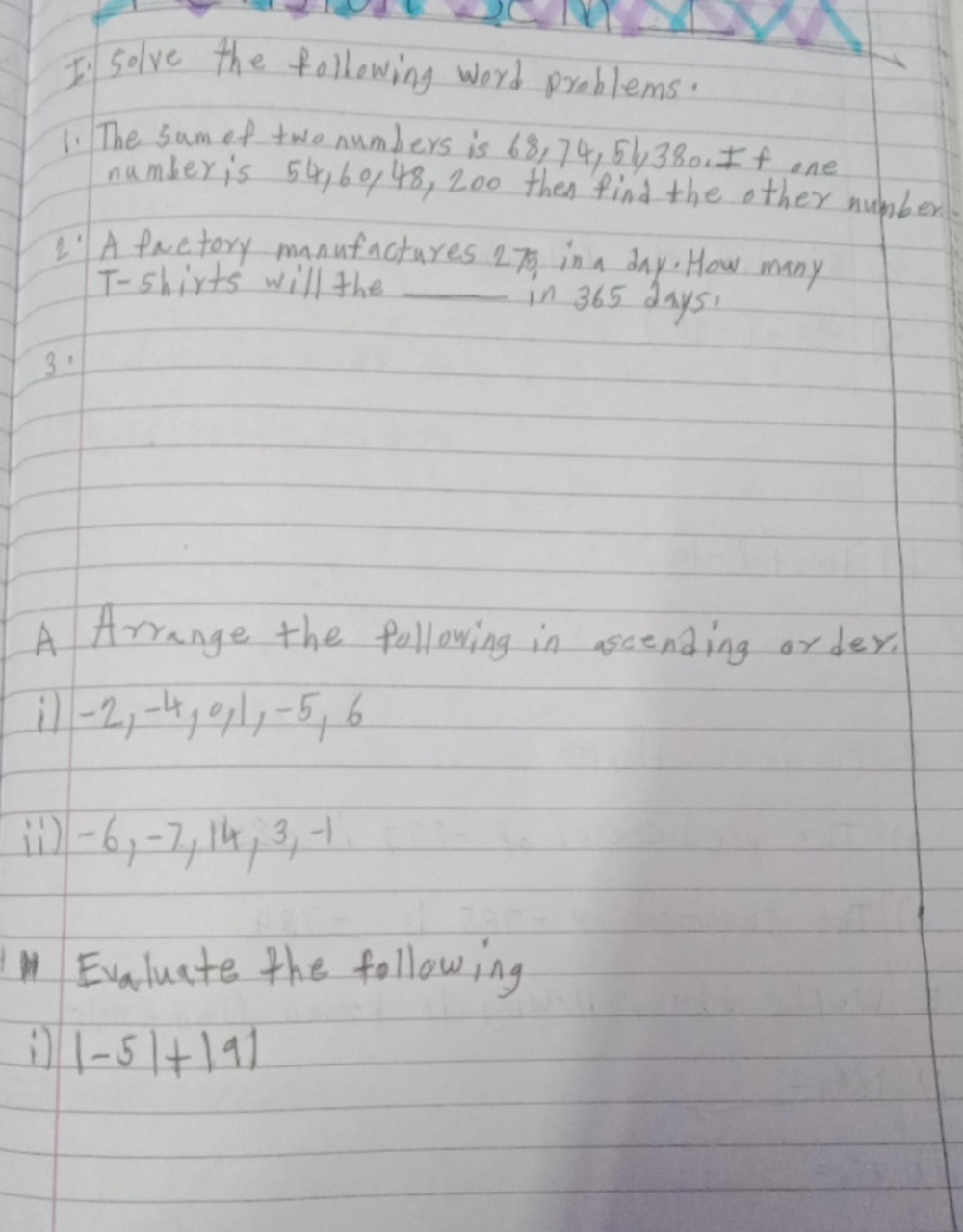 I: Solve the following word problems.
1. The sum of two numbers is 68,