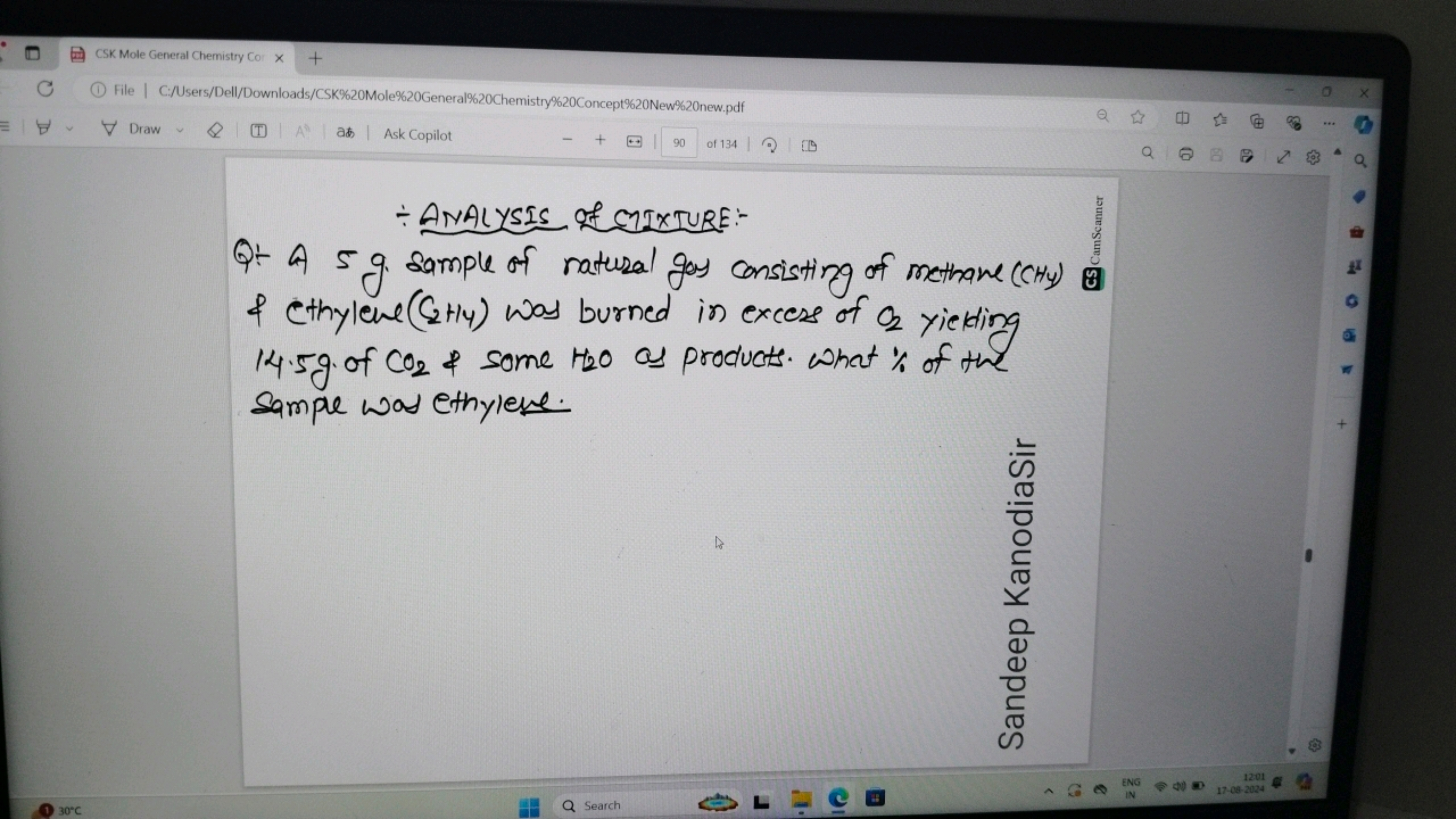 ÷ Analysis of cincture:-
Q:- A 5 g sample of natural gas consisting of