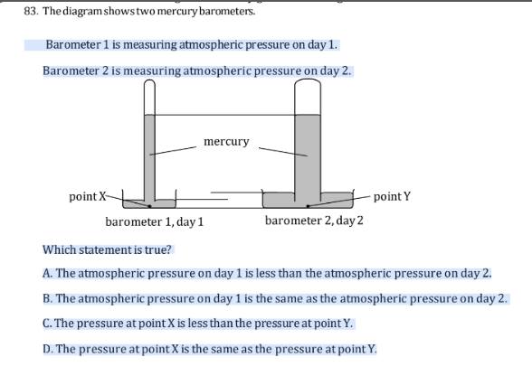 The diagram shows two mercury barometers. Barometer 1 is measuring atm