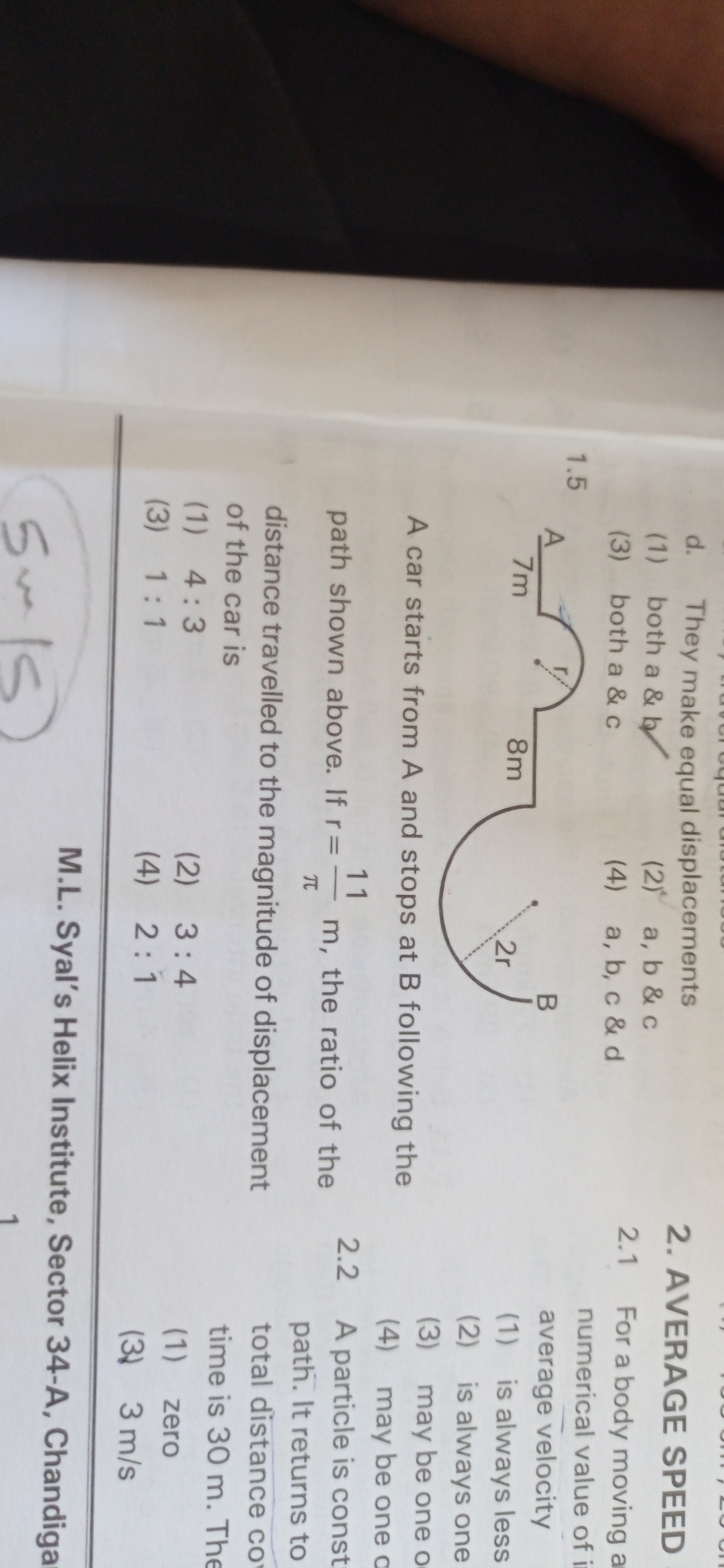 2.2 A particle is const path. It returns to total distance co time is 