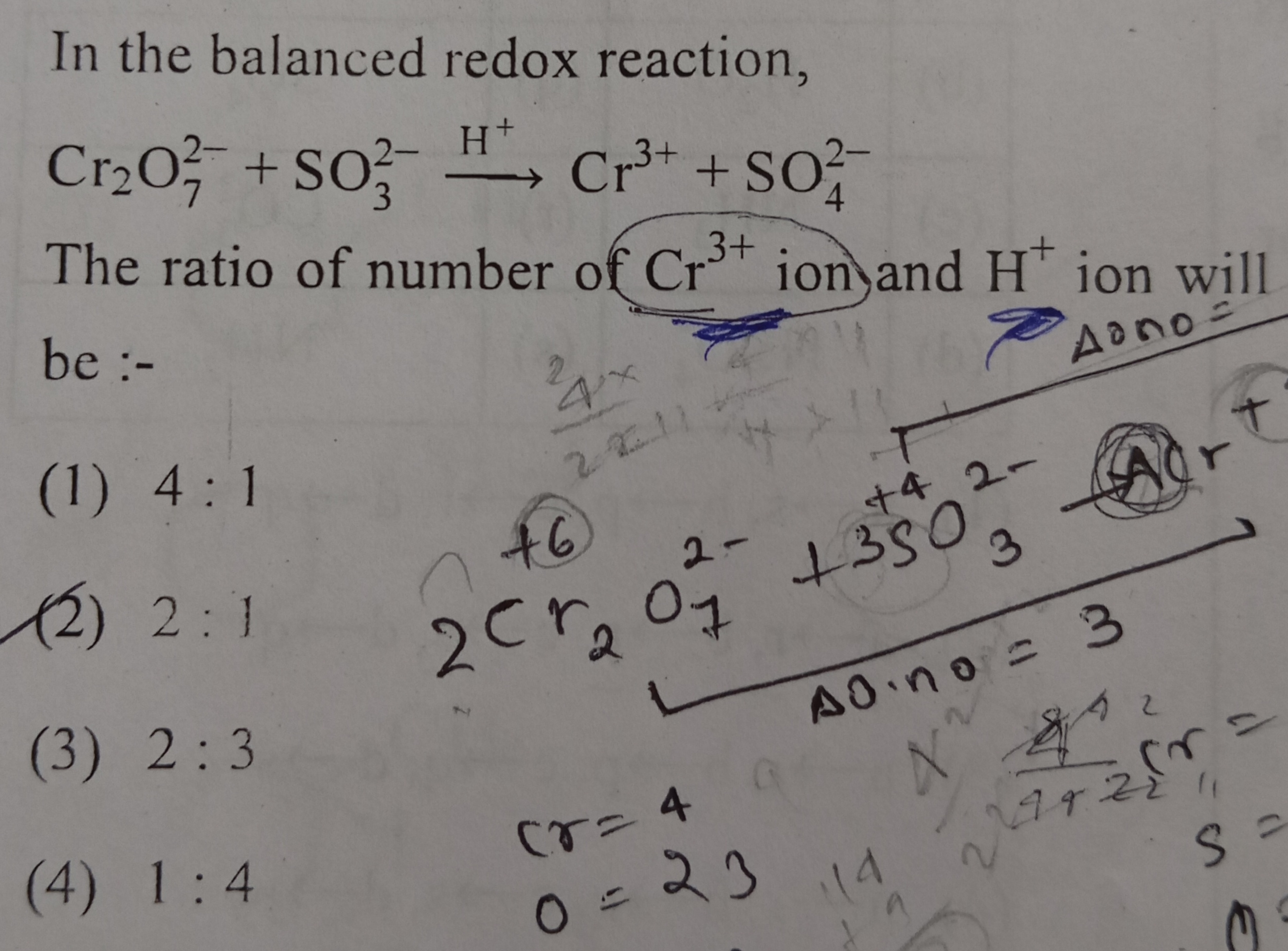 In the balanced redux reaction, Cr2​O72−​+SO32−​H+​Cr3++SO42−​ The rat