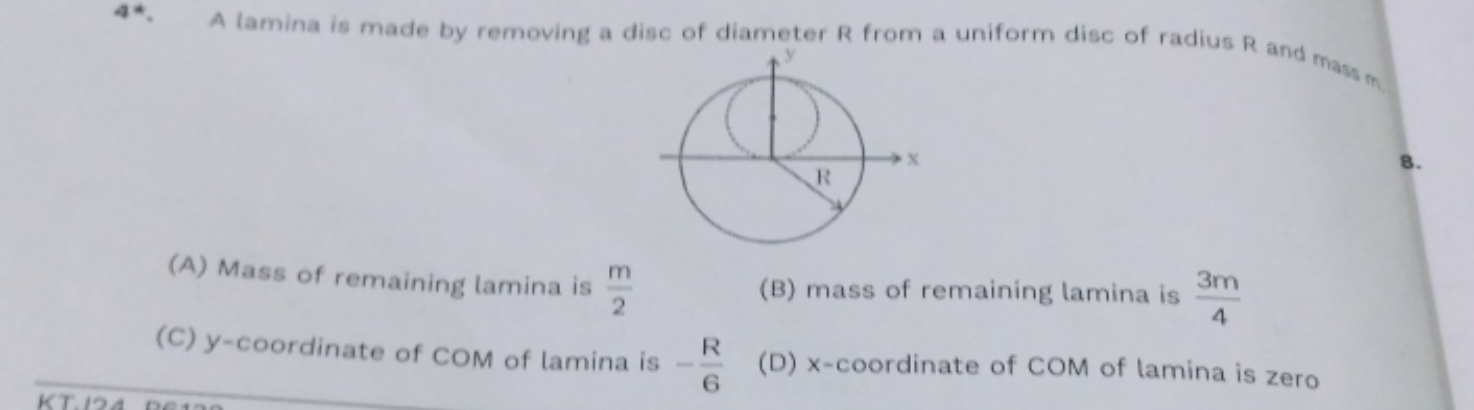 4*. A lamina is made by removing a disc of diameter R from a uniform d