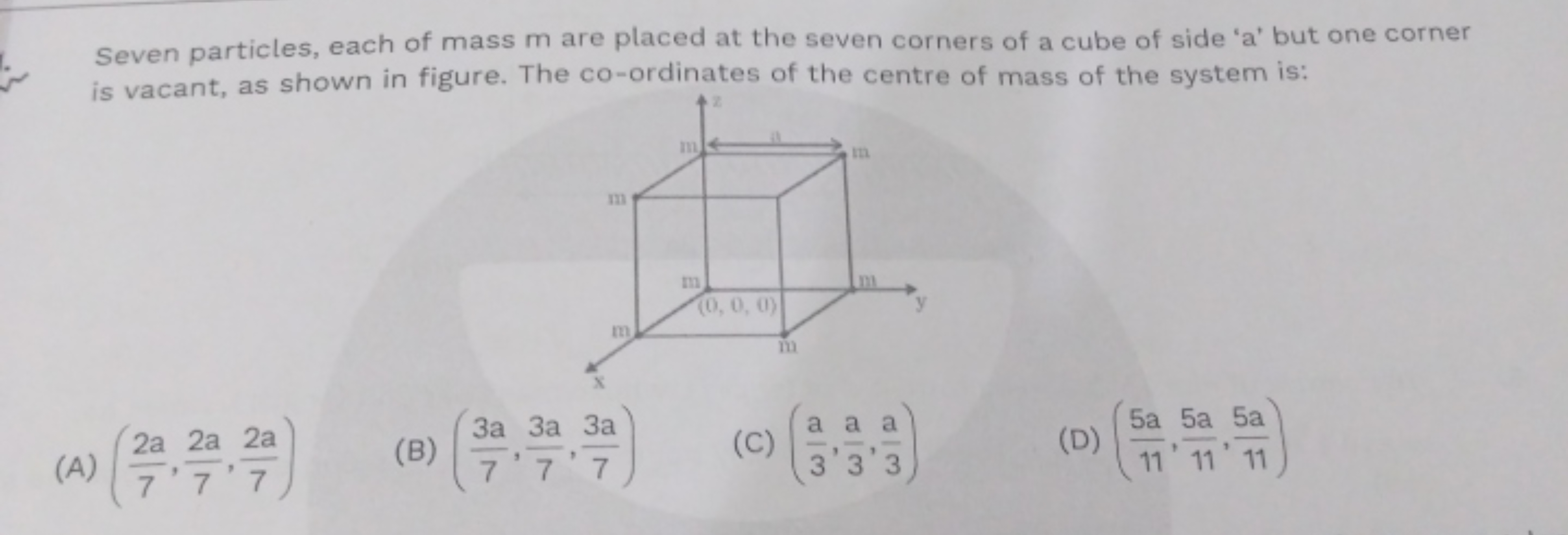 Seven particles, each of mass m are placed at the seven corners of a c