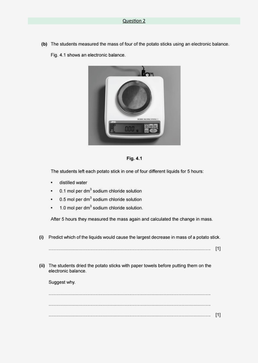 Question 2
(b) The students measured the mass of four of the potato st