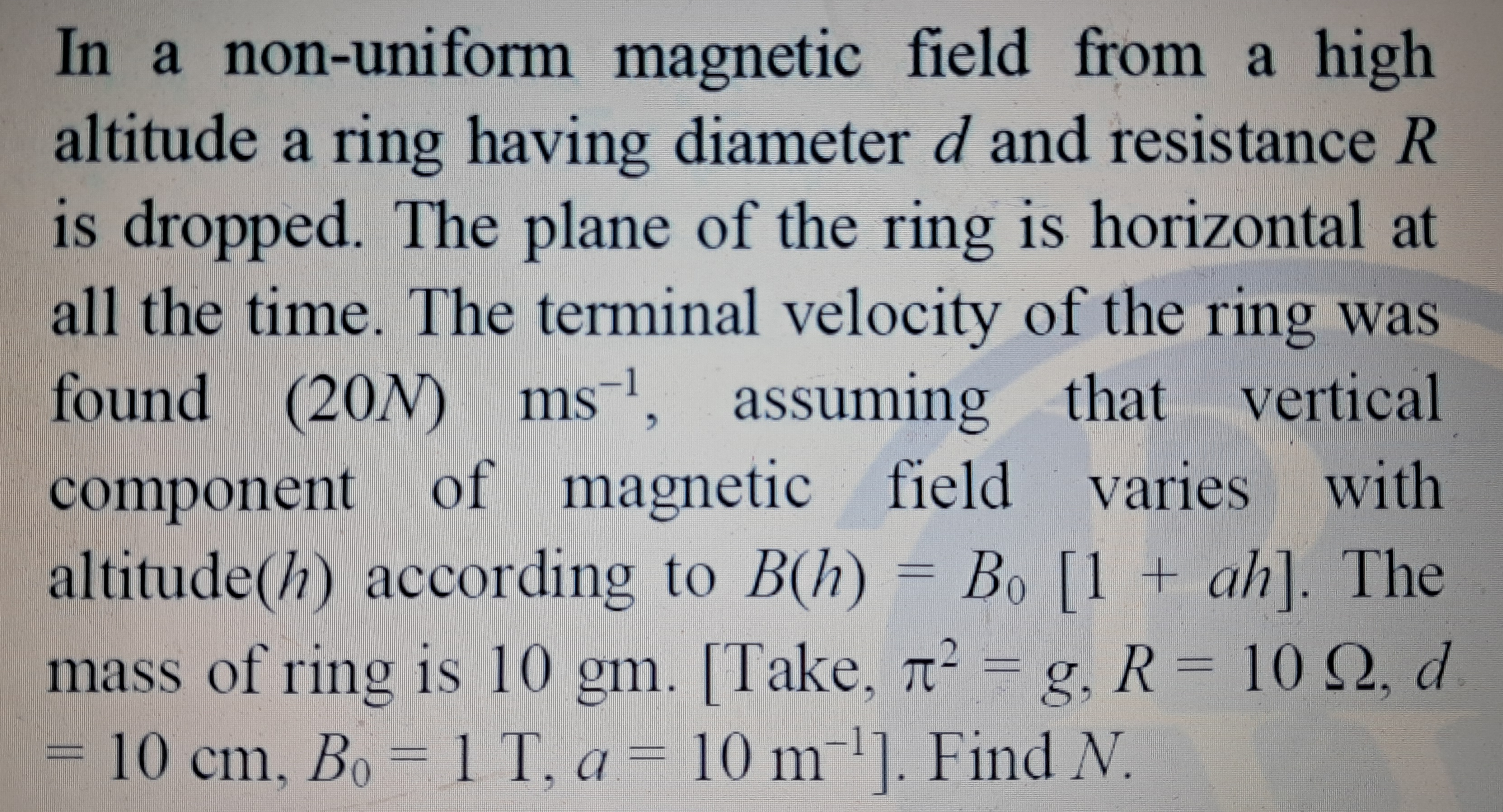 In a non-uniform magnetic field from a high altitude a ring having dia