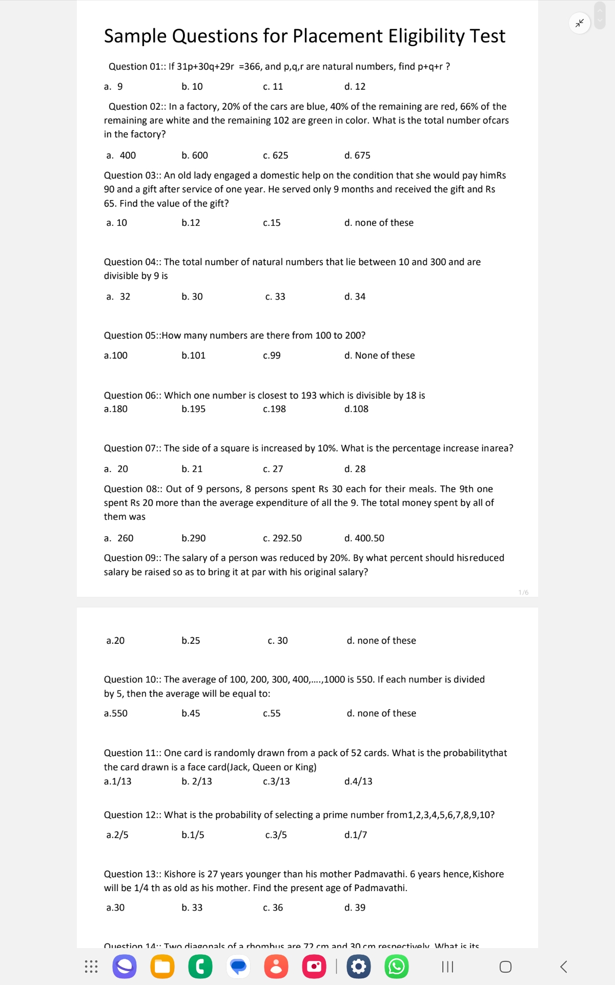 Sample Questions for Placement Eligibility Test
Question 01:: If 31p+3