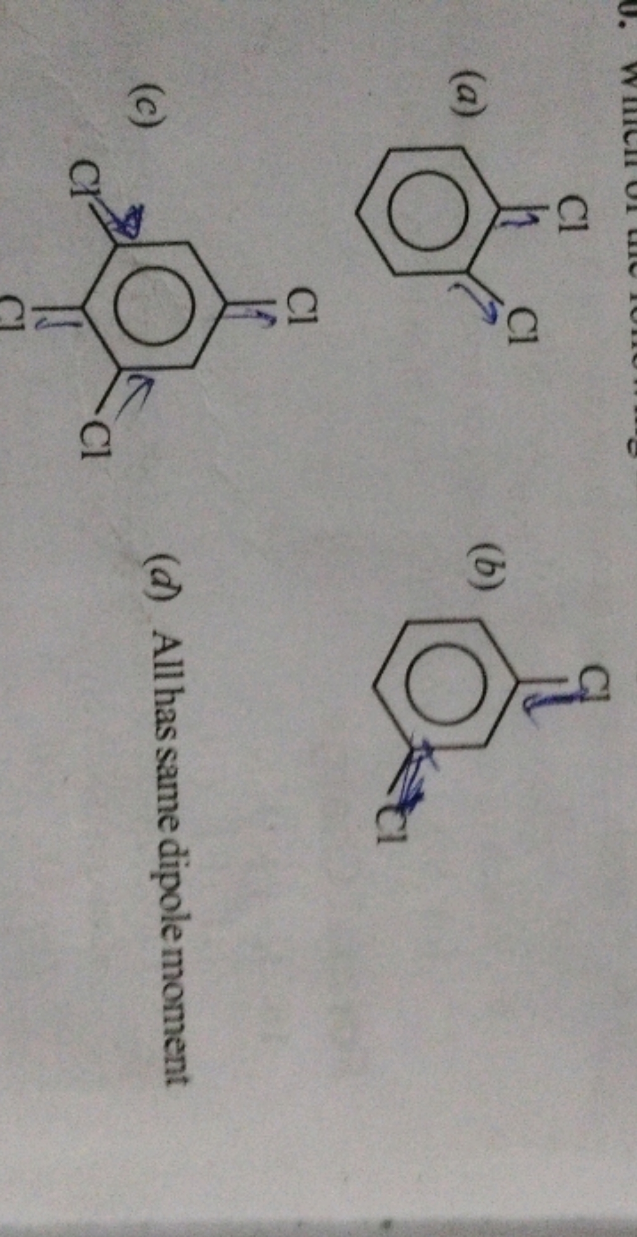 (a)
Clc1ccccc1Cl
(b)
Clc1cccc(Cl)c1
(c)

(d) All has same dipole momen