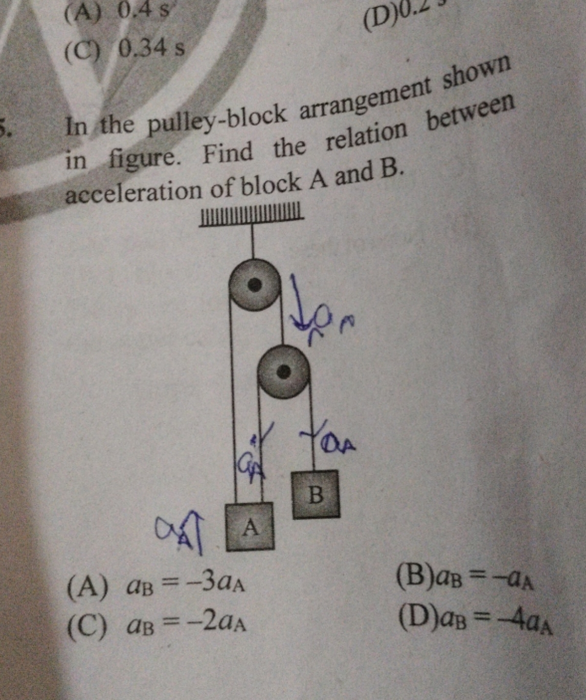 (A) 0.4 s
(C) 0.34 s

In the pulley-block arrangement shown in figure.