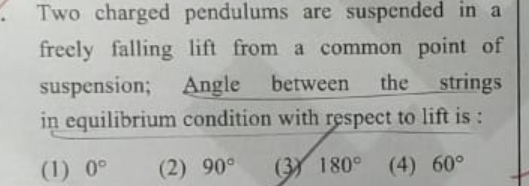 Two charged pendulums are suspended in a freely falling lift from a co