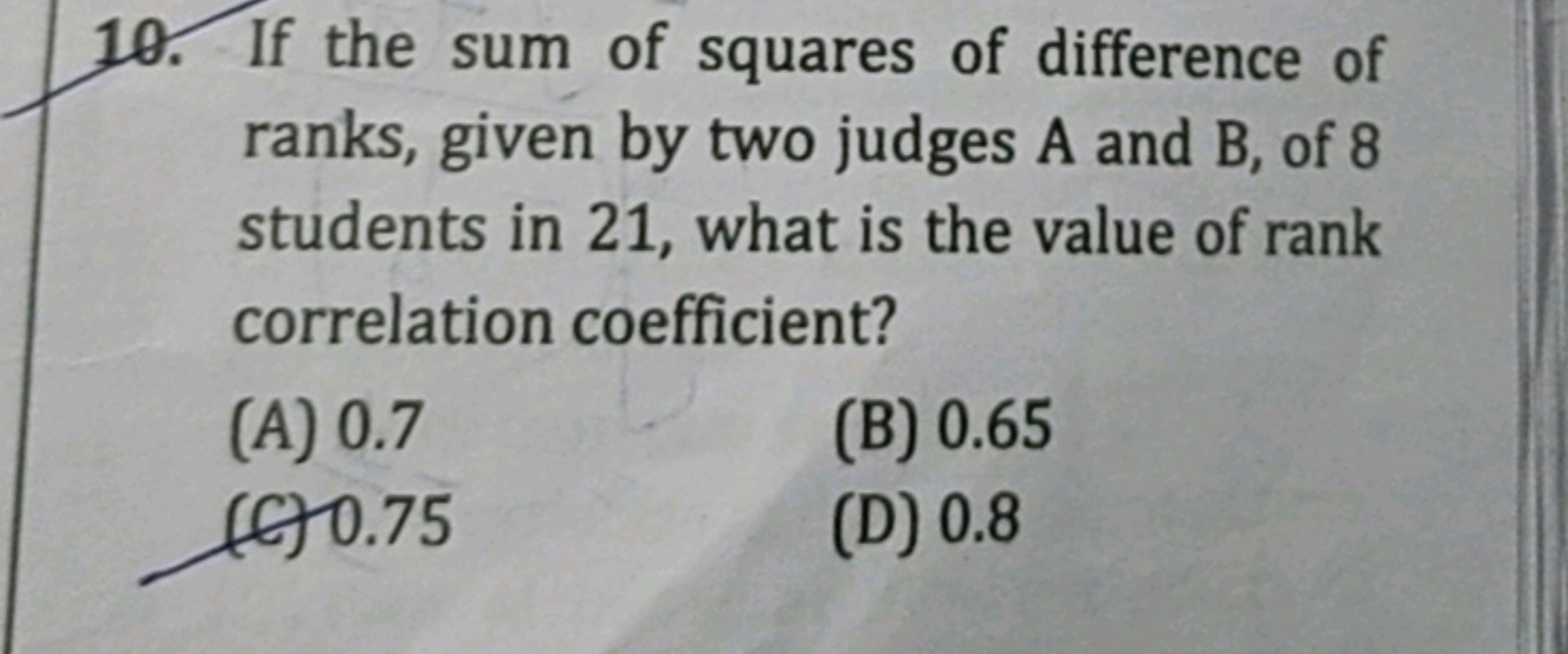 10. If the sum of squares of difference of ranks, given by two judges 