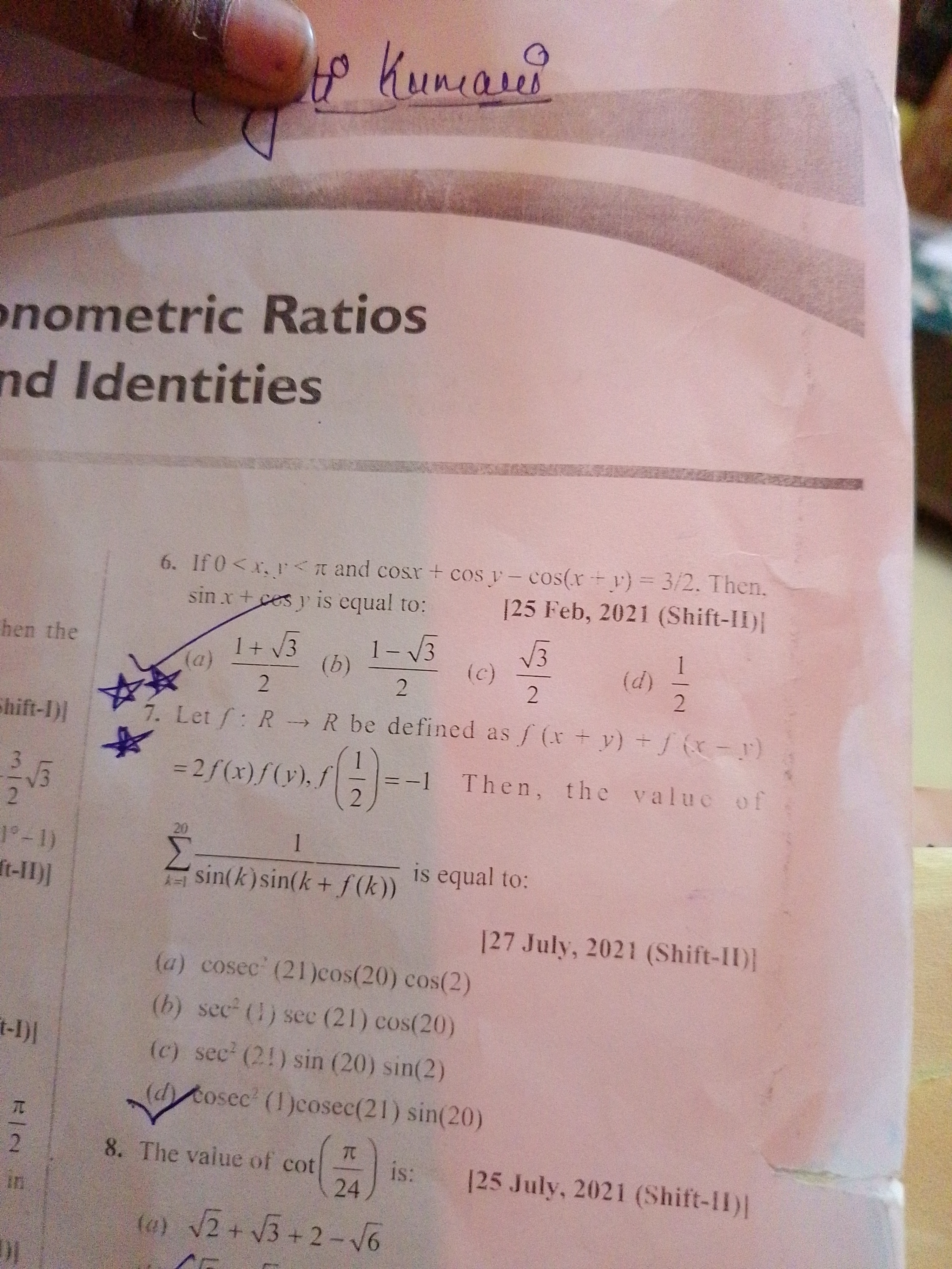 to Kumaris nometric Ratios nd Identities 6. If 0<x,y<π and cosx+cosy−c