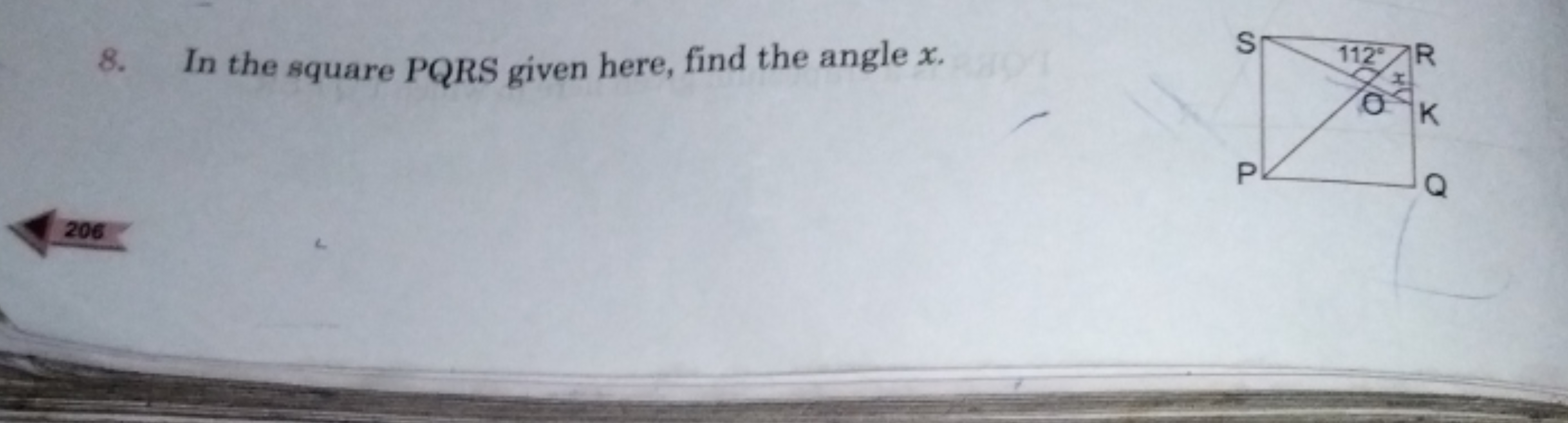 8. In the square PQRS given here, find the angle x.