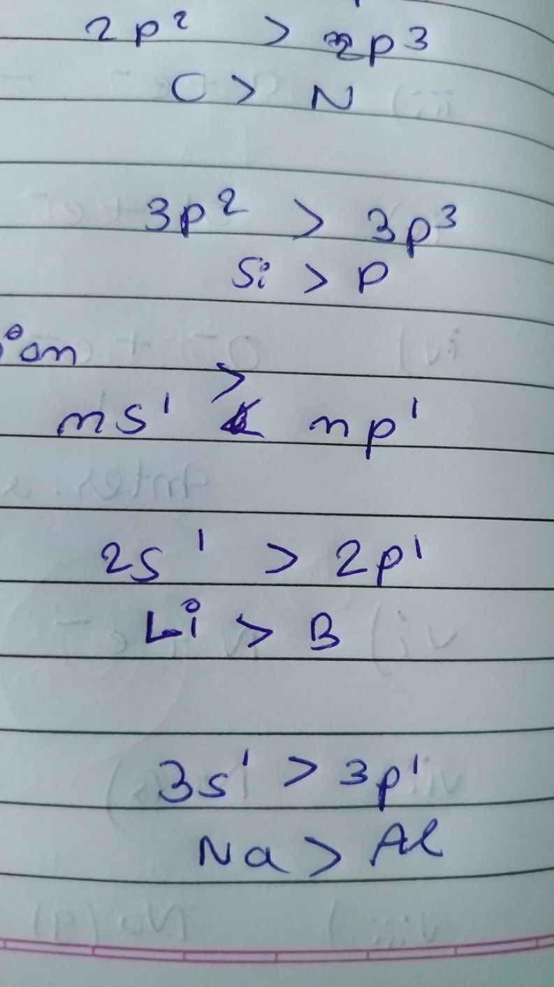 2p2c3p2si​​>2p3>N>3p3>p​
on
ms′>mp′2s′>2p′Li>B3s′>3p′Na>Al​