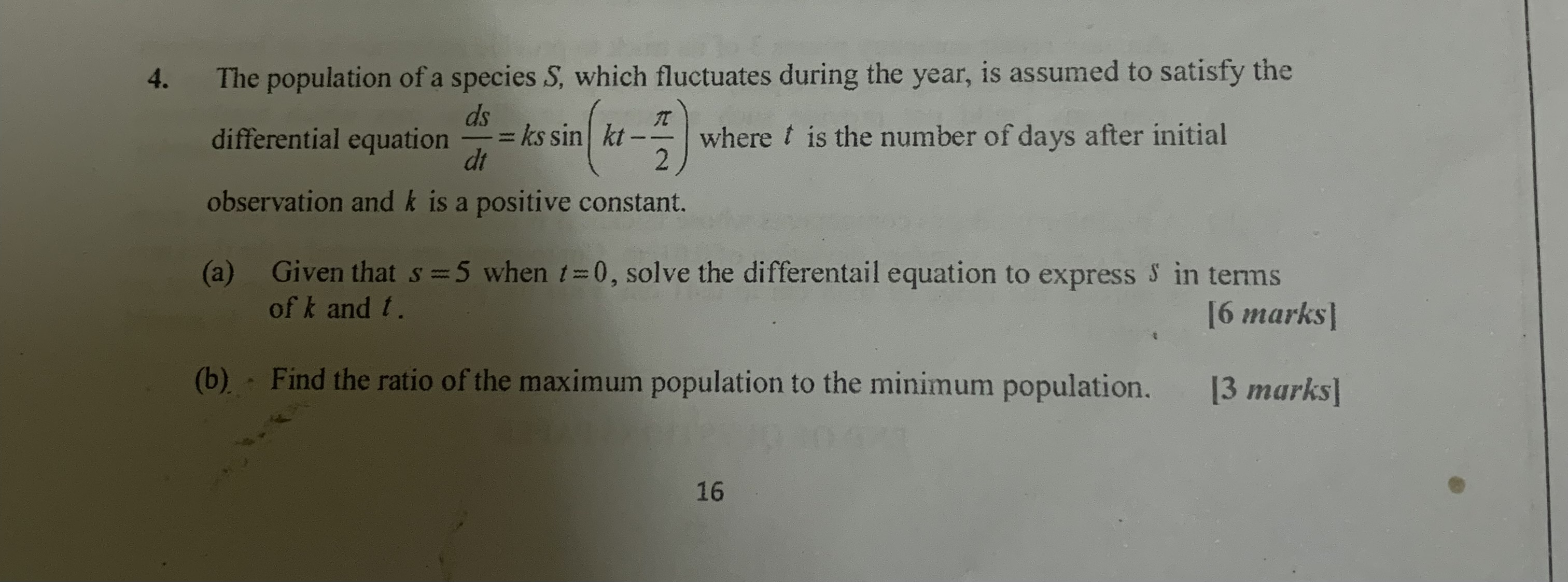 4. The population of a species S, which fluctuates during the year, is