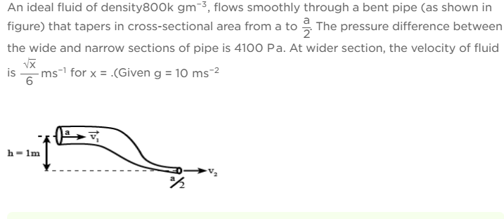 An ideal fluid of density 800kgm−3, flows smoothly through a bent pipe