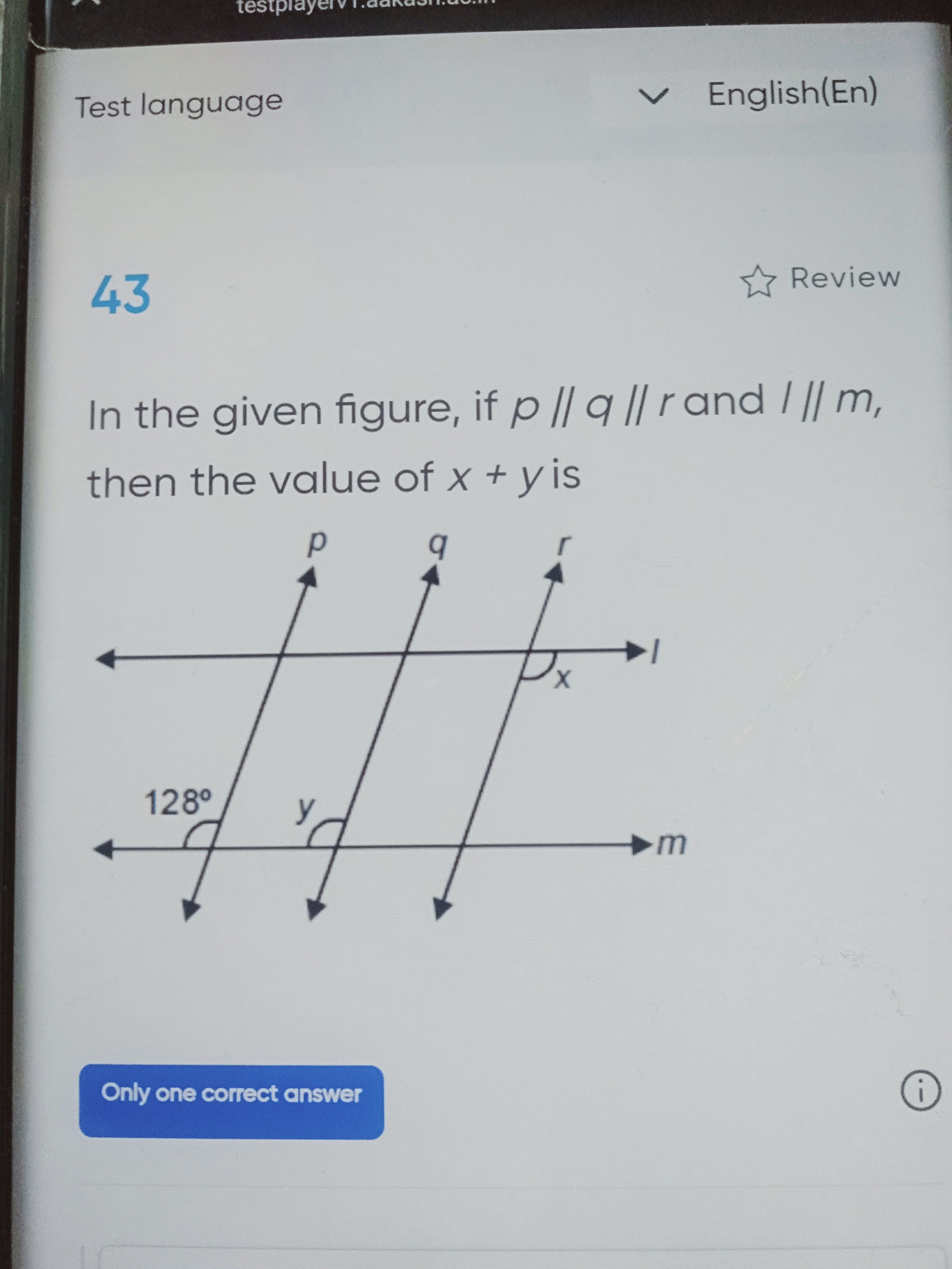 Test language
English(En)
43
Review
In the given figure, if p//q/∣r an