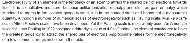 Electronegativity of an element is the tendency of an atom to attract 