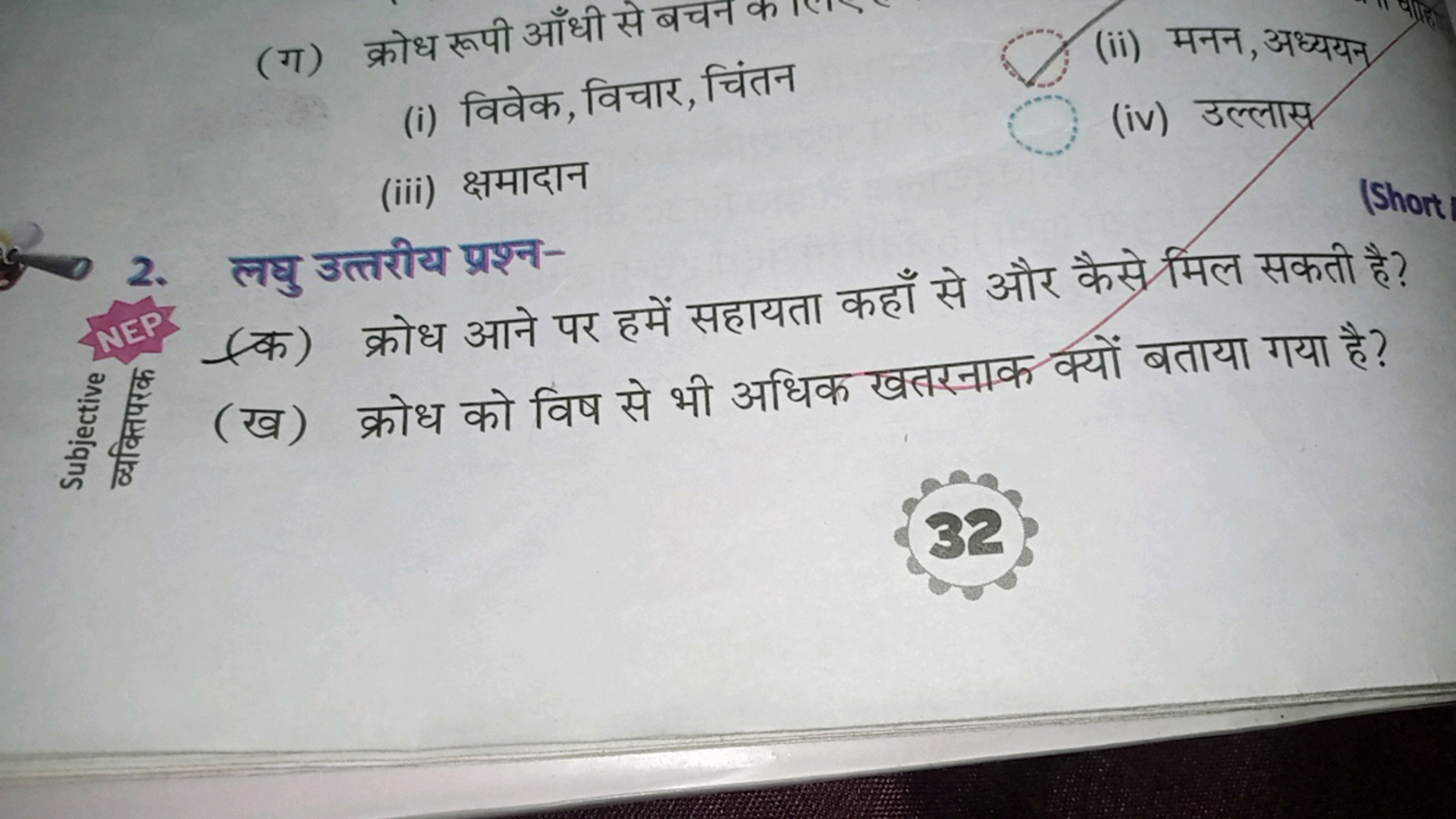 (ग) क्रोध रूपी आँधी से बचन क
(i) विवेक, विचार, चिंतन
(ii) मनन, अध्ययन
