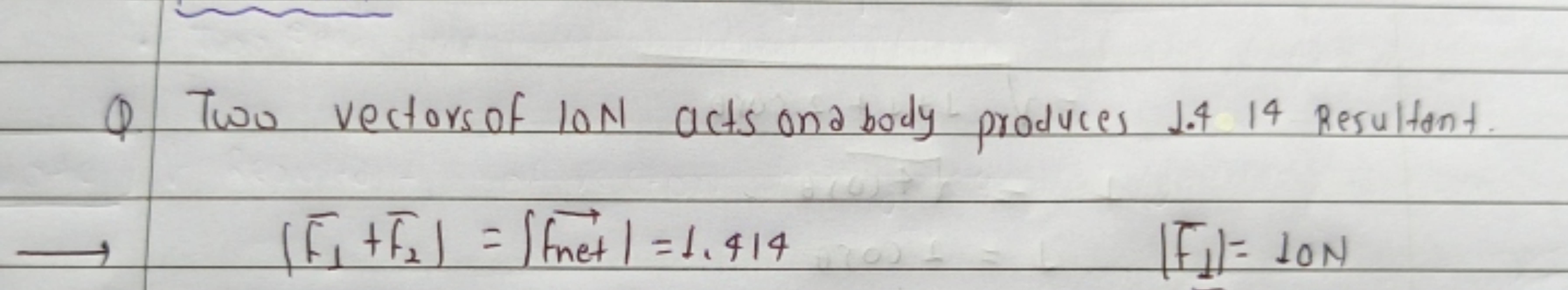 Q Two vectors of 10 N acts on a body -produces 1.414 Resultant.
∣∣​Fˉ1