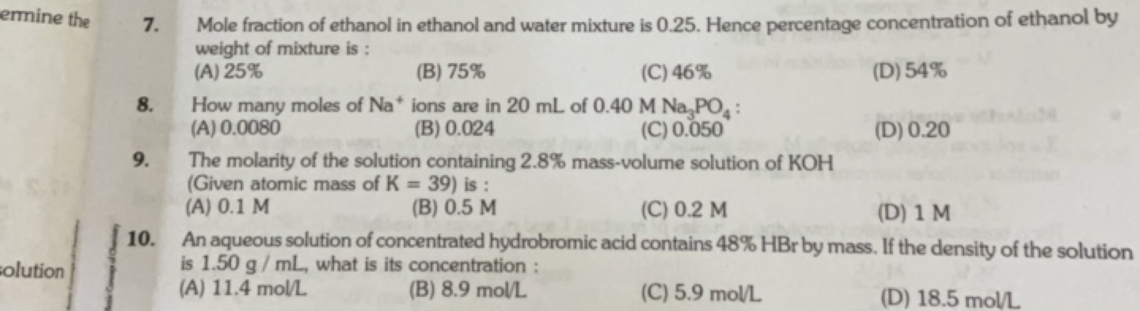 ermine the
7. Mole fraction of ethanol in ethanol and water mixture is