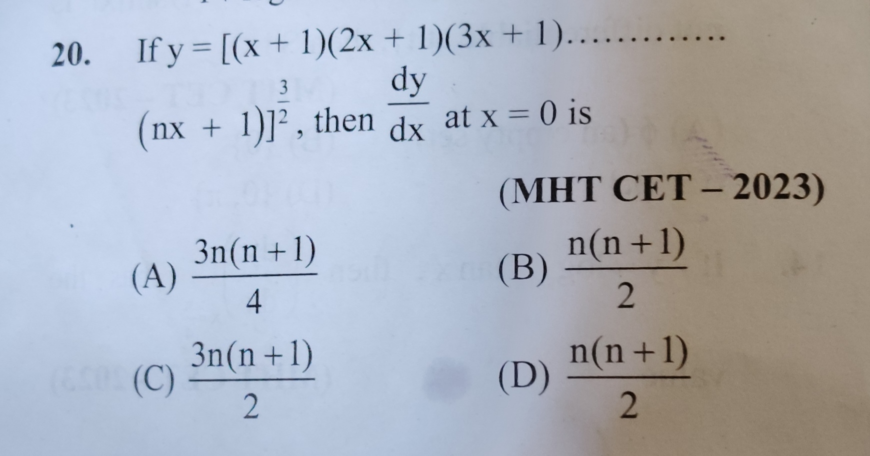 If y=[(x+1)(2x+1)(3x+1)………… (nx+1)]23​, then dxdy​ at x=0 is