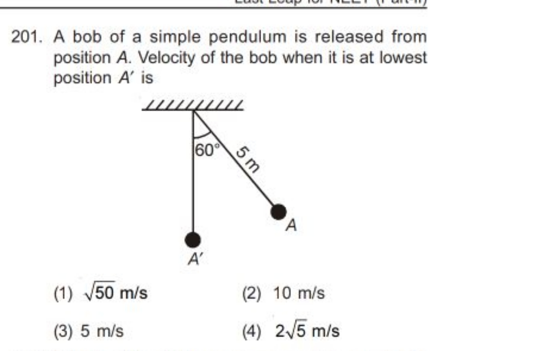 201. A bob of a simple pendulum is released from position A. Velocity 