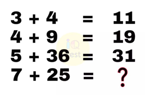 3+4=114+9=195+36=317+25=?​