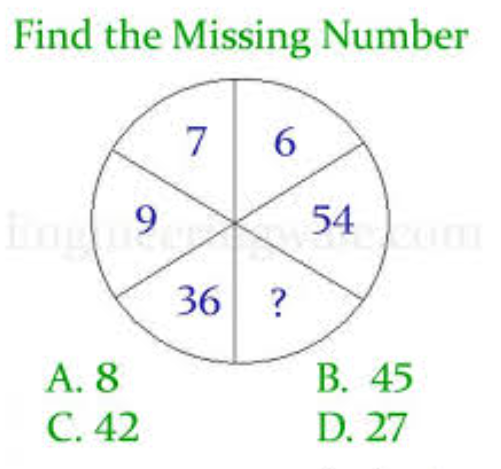 Find the Missing Number
A. 8
B. 45
C. 42
D. 27