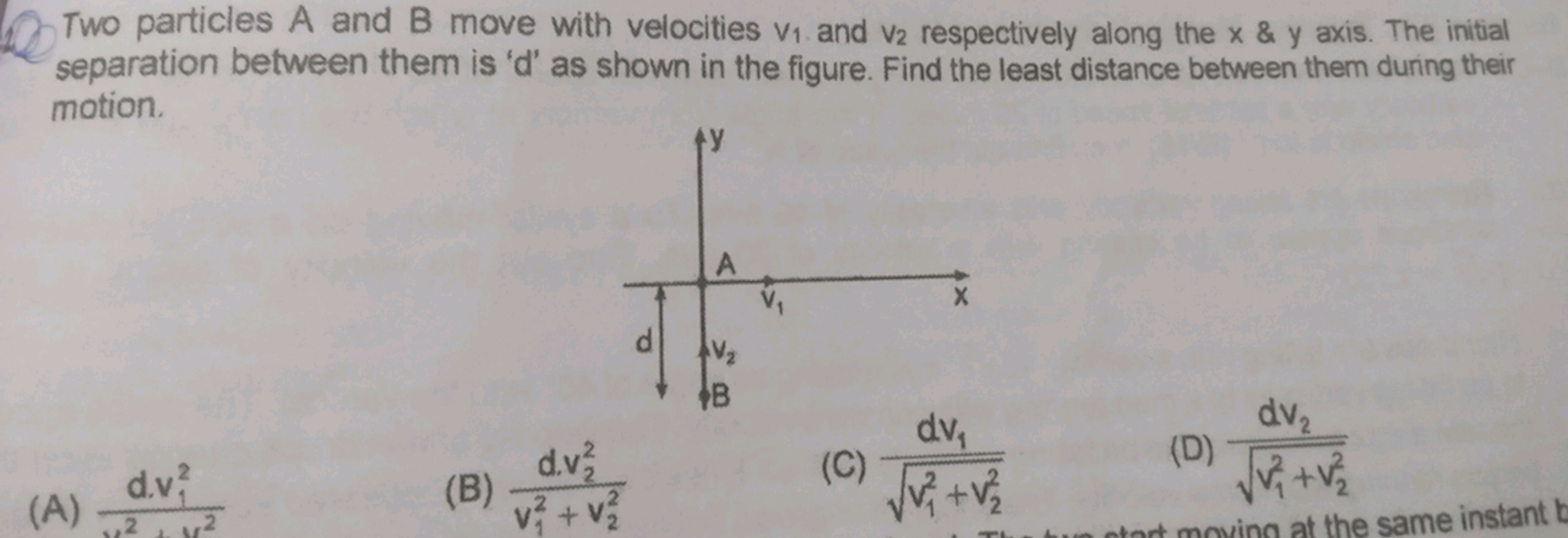 Two particles A and B move with velocities v1 and V2 respectively alon