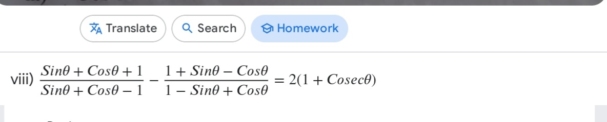 XˉA ​ Translate
Search
Homework
viii) Sinθ+Cosθ−1Sinθ+Cosθ+1​−1−Sinθ+C