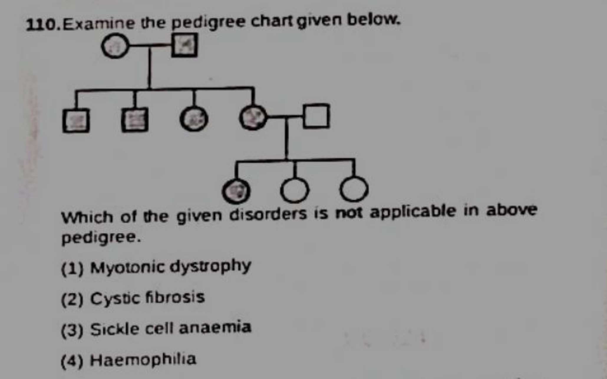 110. Examine the pedigree chart given below.
Which of the given disord