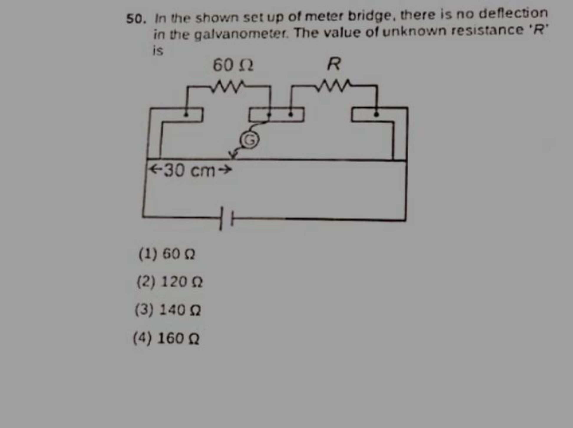 50. In the shown set up of meter bridge, there is no deffection in the