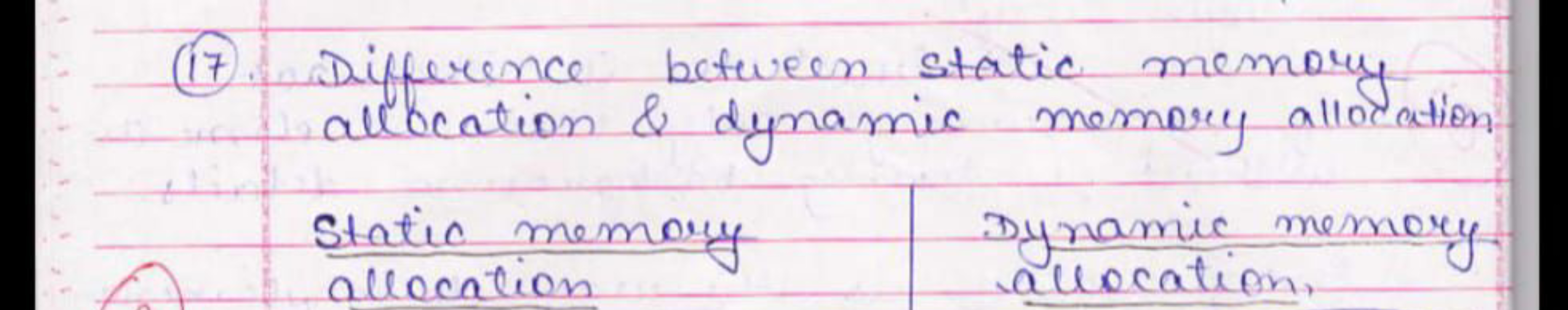 (17). Difference between static memory allocation \& dynamic memory al