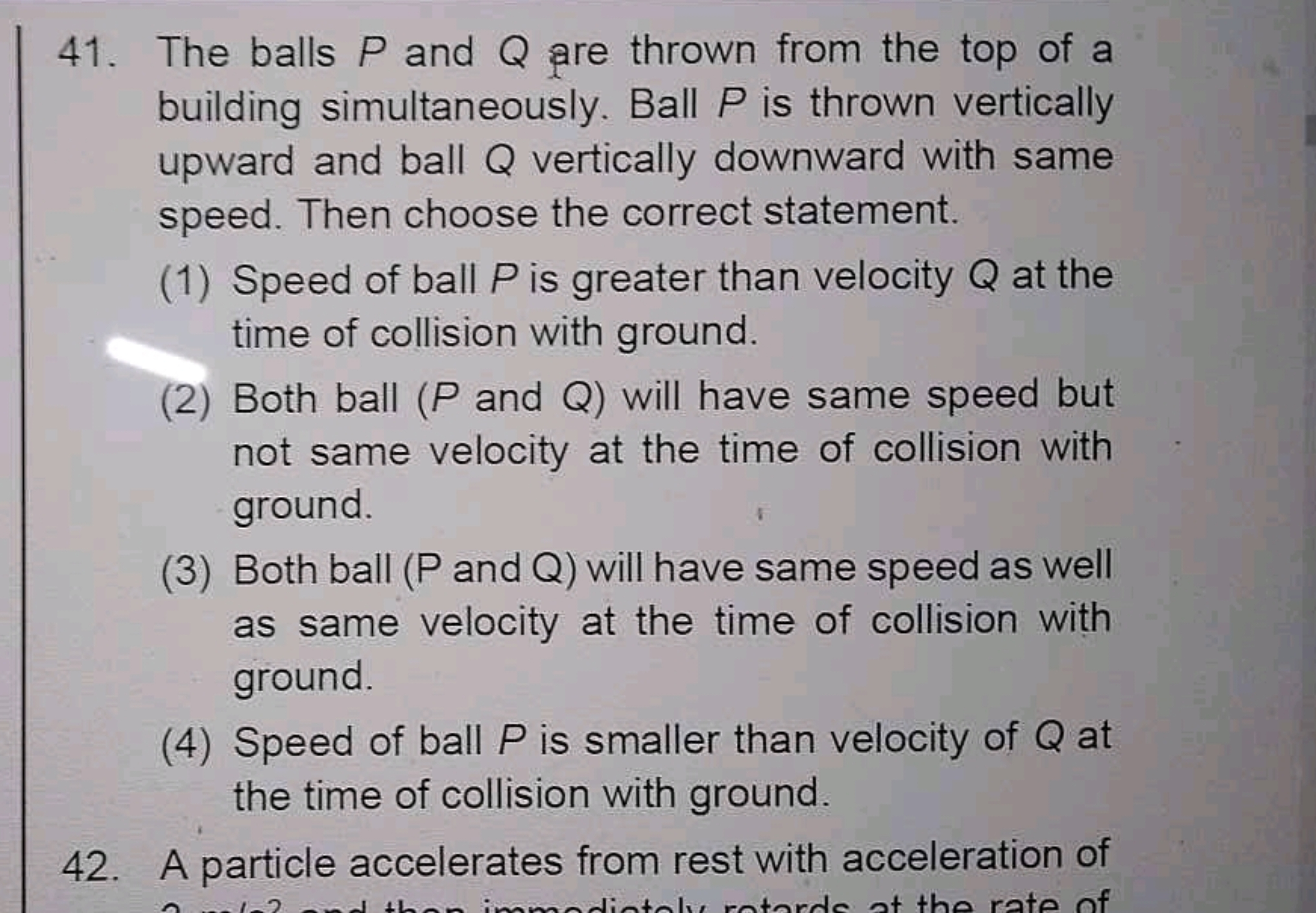 41. The balls P and Q are thrown from the top of a building simultaneo